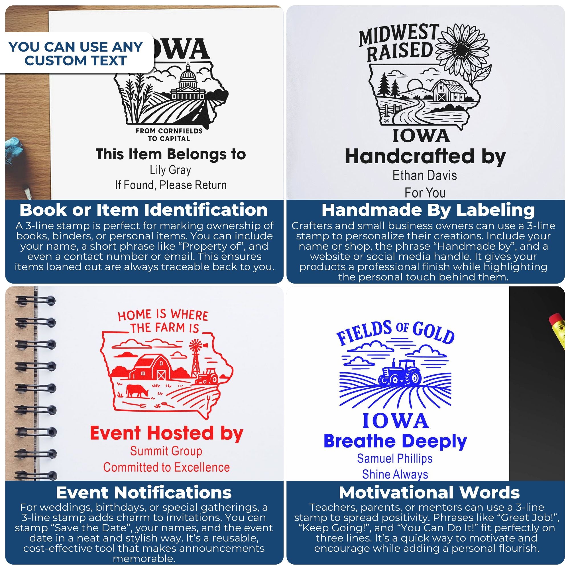 Personalized rubber stamp examples for item identification, handmade labels, event announcements, and motivational words.