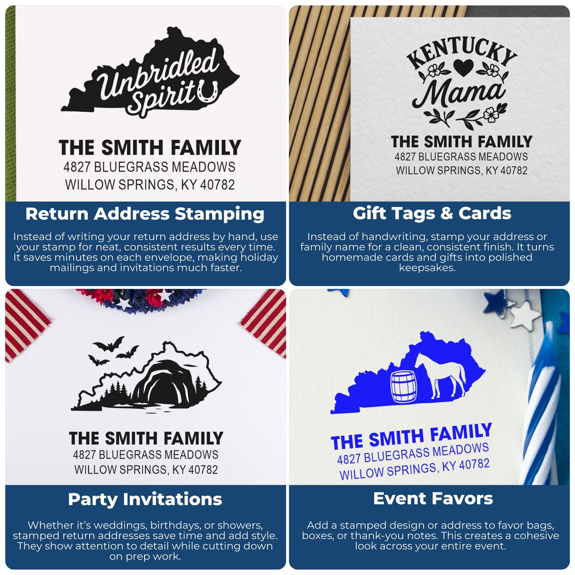 Personalized rubber stamp examples for Kentucky family return address, gift tags, invitations, and event favors.