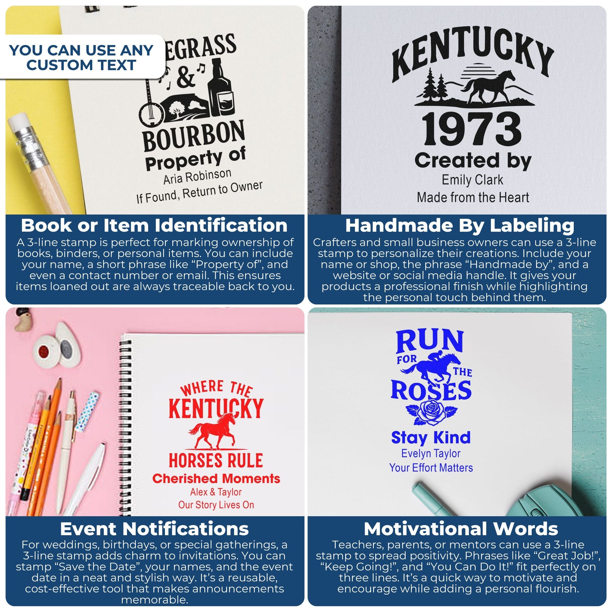 Custom rubber stamp design examples for book ID, handmade labels, event announcements, and motivational messages with personalized text.