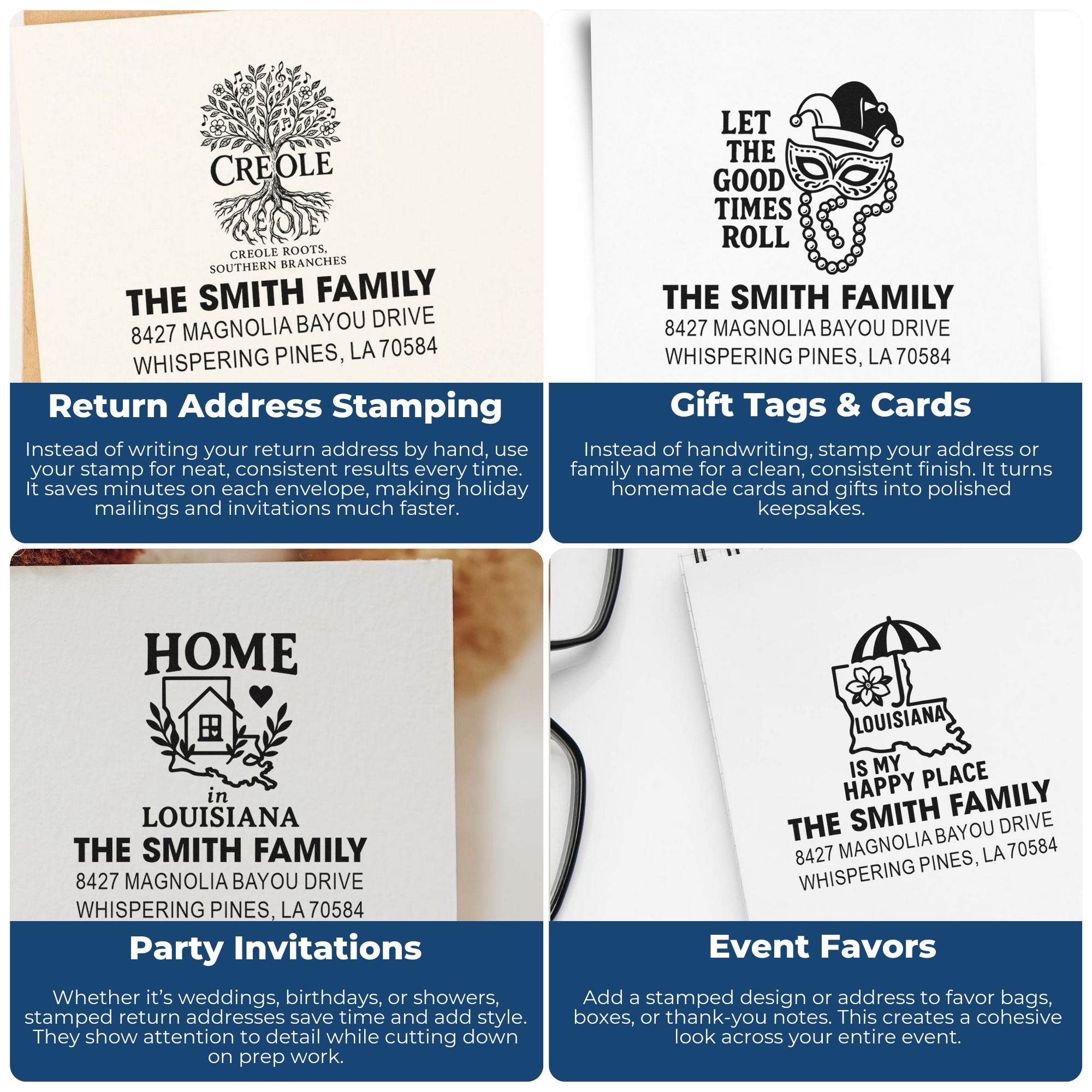 Personalized rubber stamp examples for return addresses, party invitations, gift tags, and event favors with Louisiana family designs.