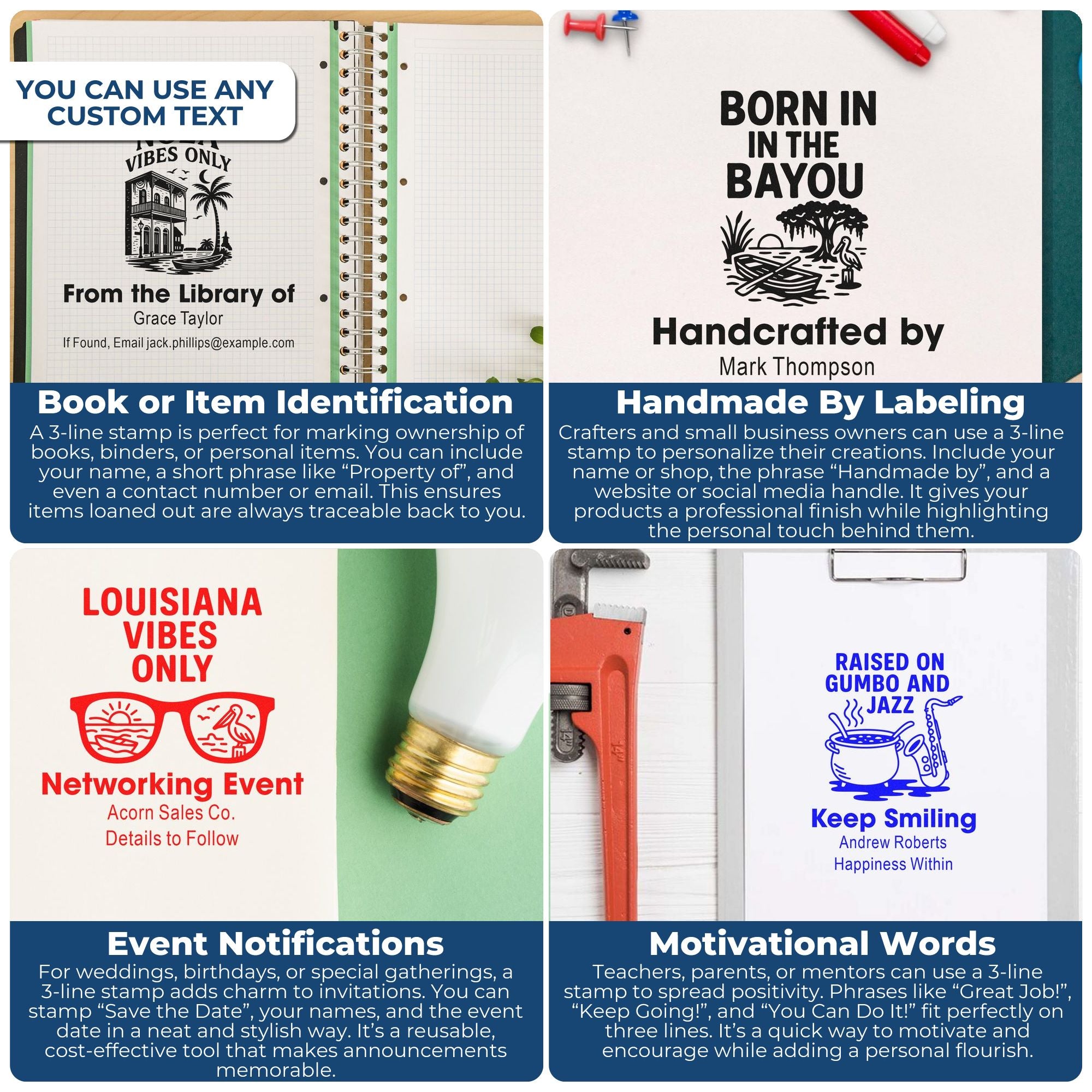 Personalized rubber stamp examples for book labels, handmade goods, event invitations, and motivational quotes.