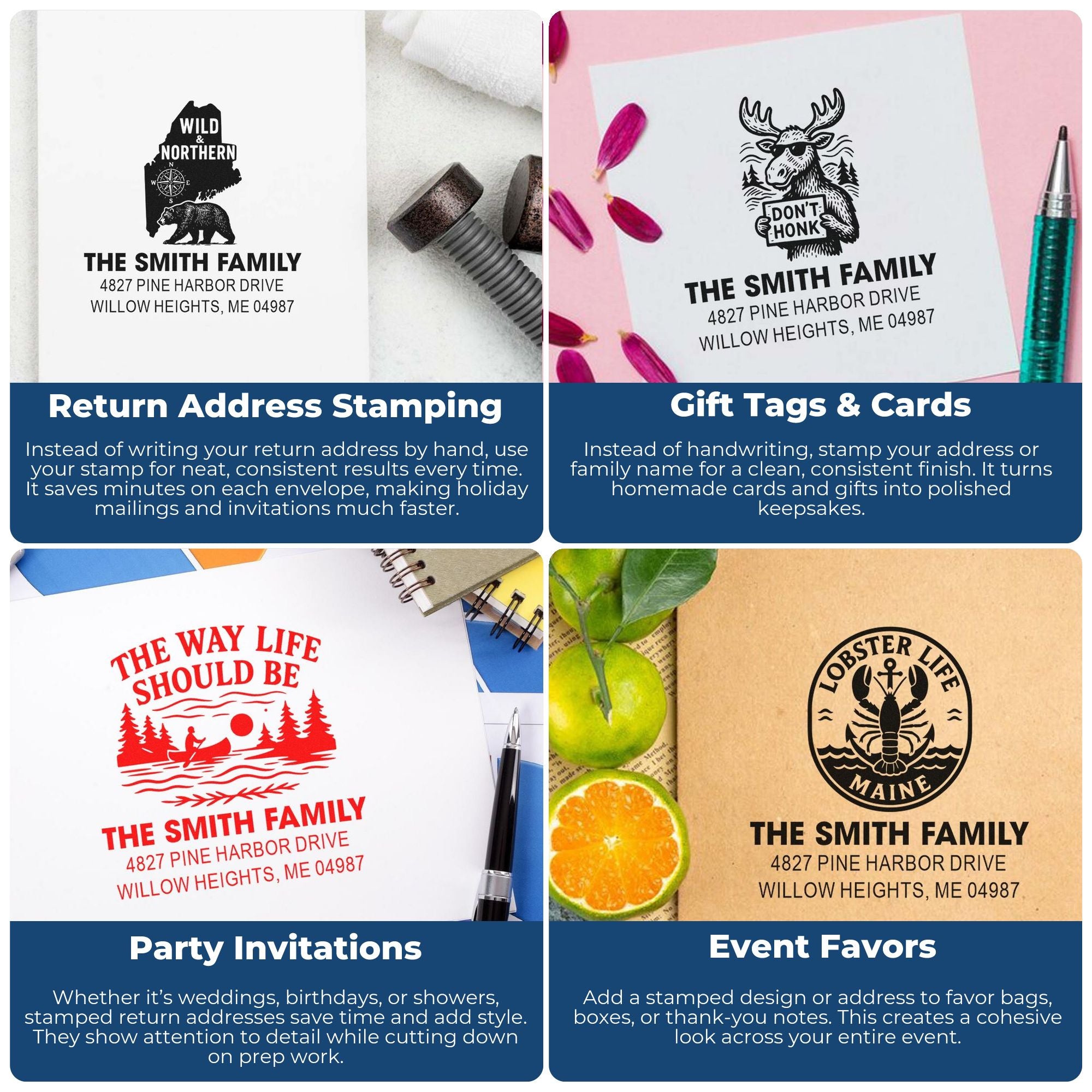 Custom rubber stamps for return addresses, gift tags, party invitations, and event favors with personalized family designs.