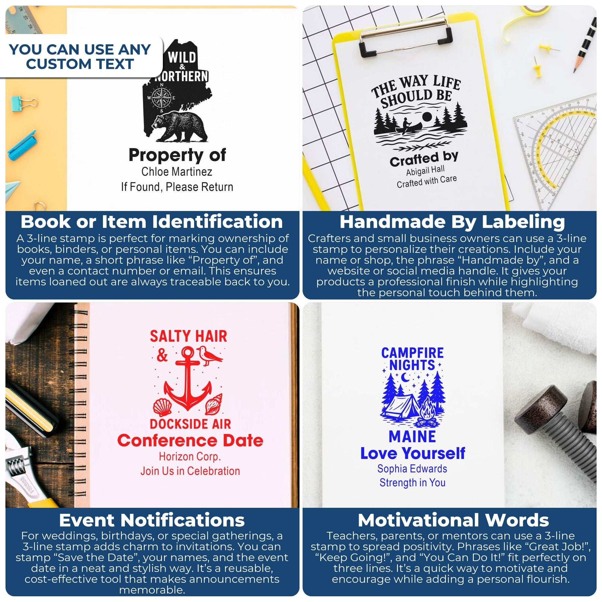 Custom 3-line rubber stamps for book identification, handmade labeling, event announcements, and motivational messages.