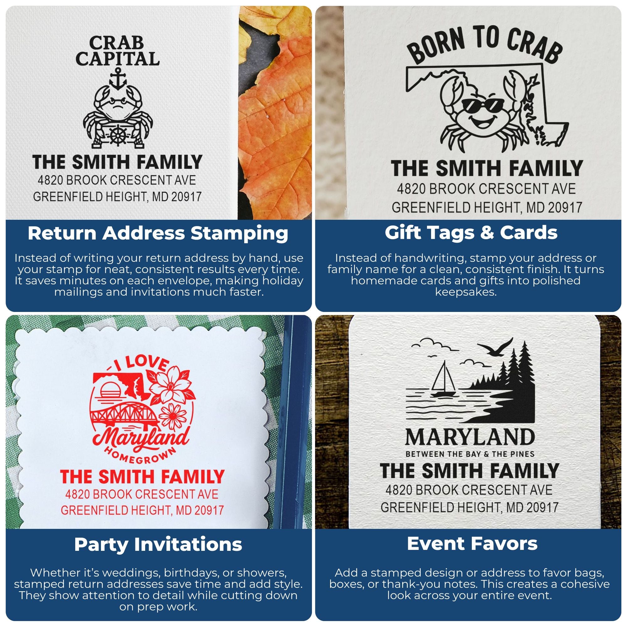 Custom rubber stamp examples for return addresses, gift tags, party invitations, and event favors featuring Maryland-themed family designs.
