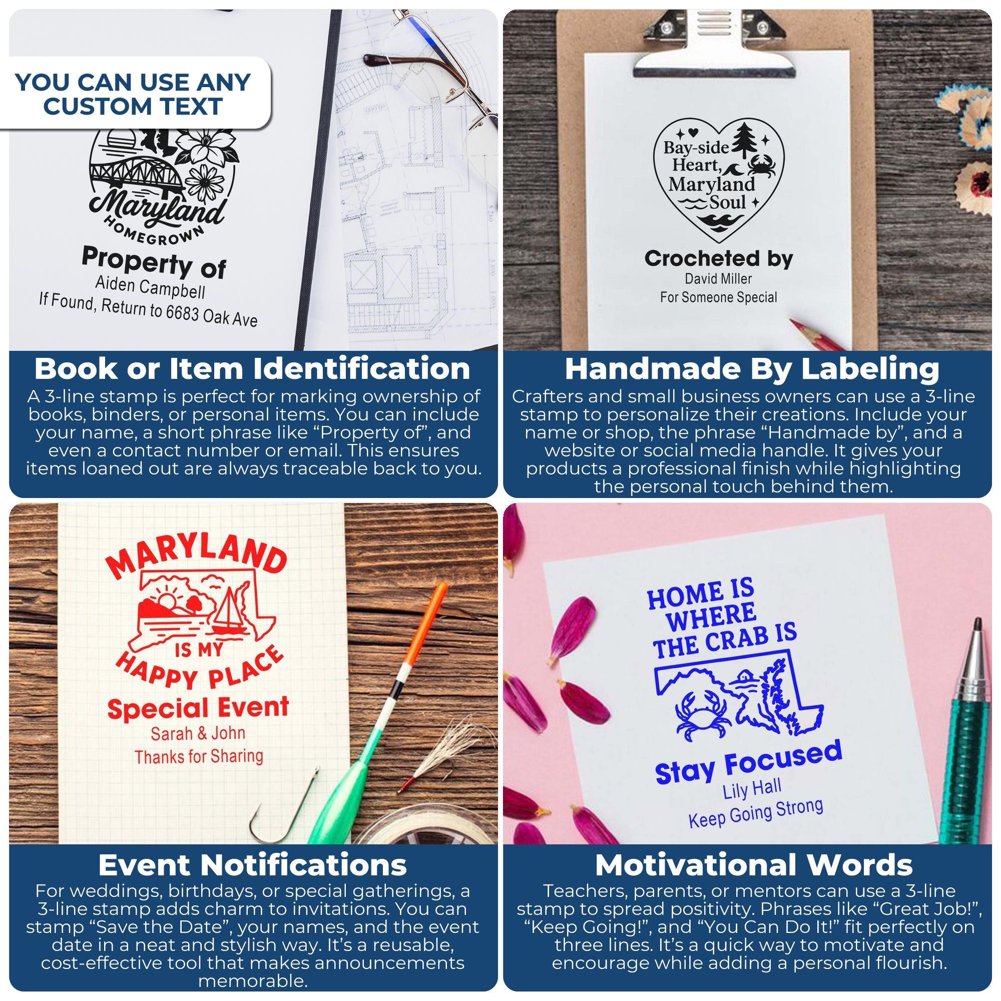 Custom rubber stamp examples for book labels, handmade branding, event invitations, and motivational messages.