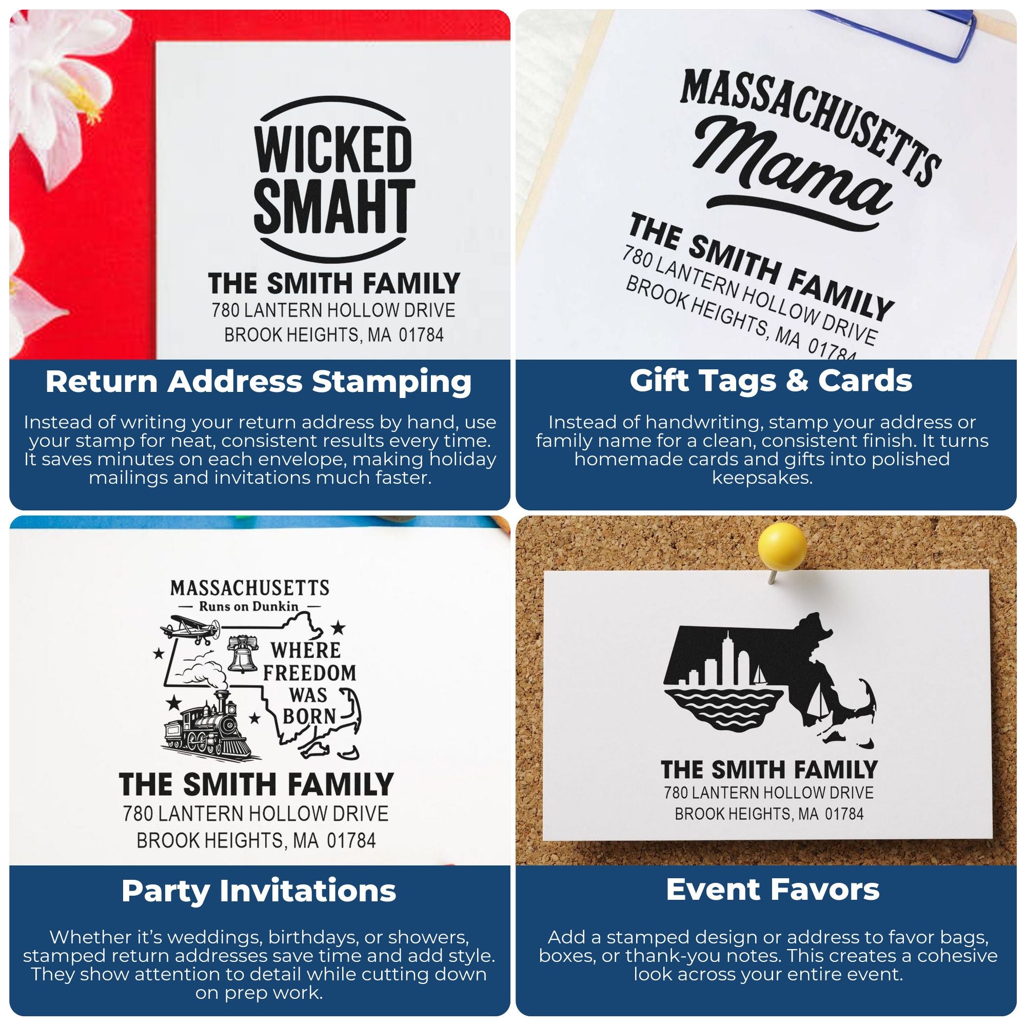 Custom rubber stamp examples for return addresses, gift tags, party invitations and event favors with Massachusetts designs.