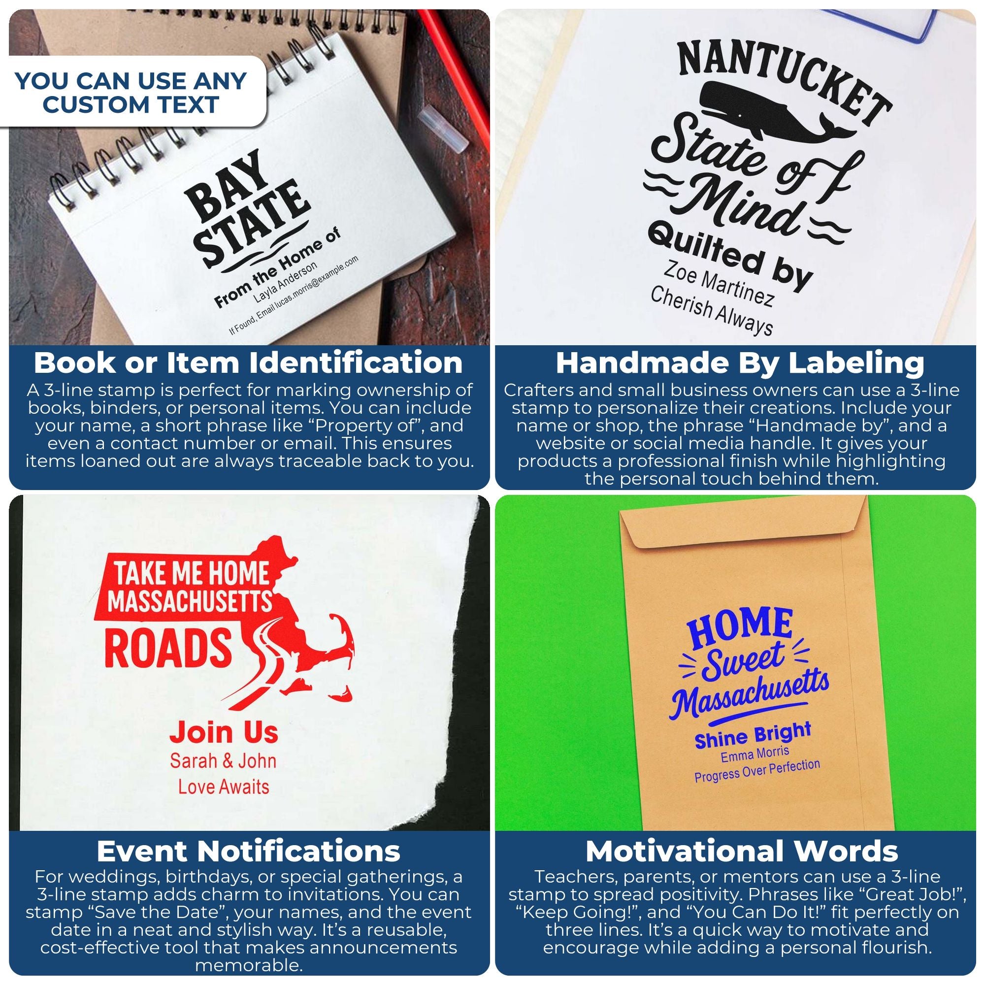 Custom 3-line rubber stamp examples for book ownership, handmade branding, event invitations, and motivational messages.