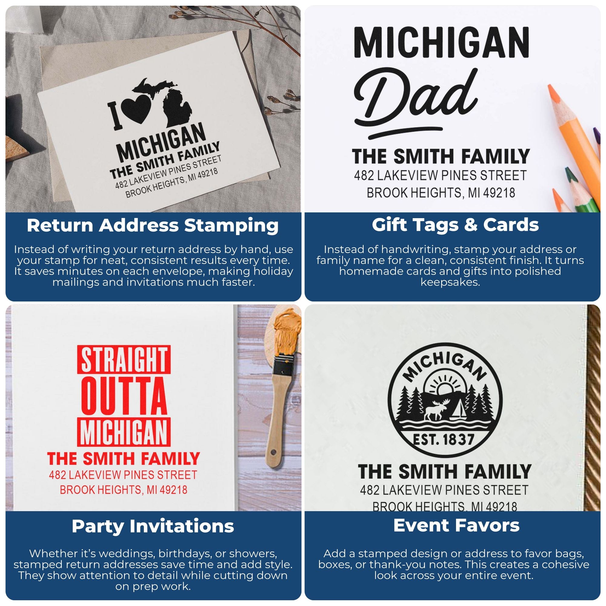 Custom Michigan address rubber stamp examples for return addresses, gift tags, party invitations, and event favors.