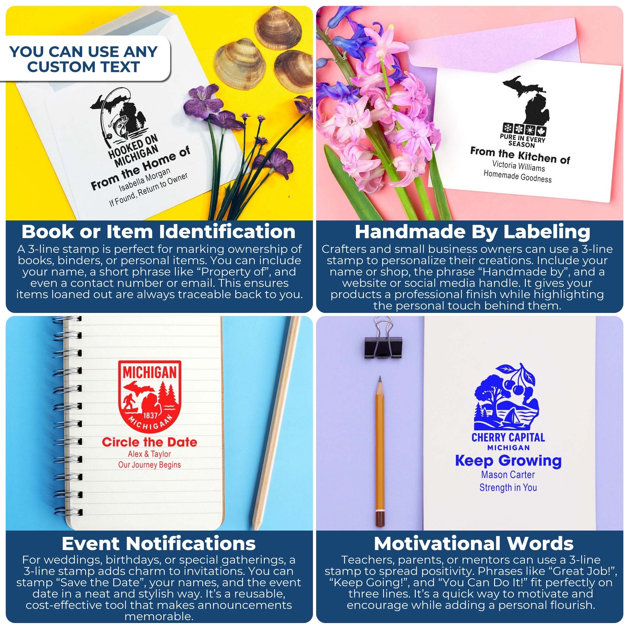 Custom rubber stamp collage with personalized 3-line stamps for book labels, handmade goods, save-the-date cards, and motivation.