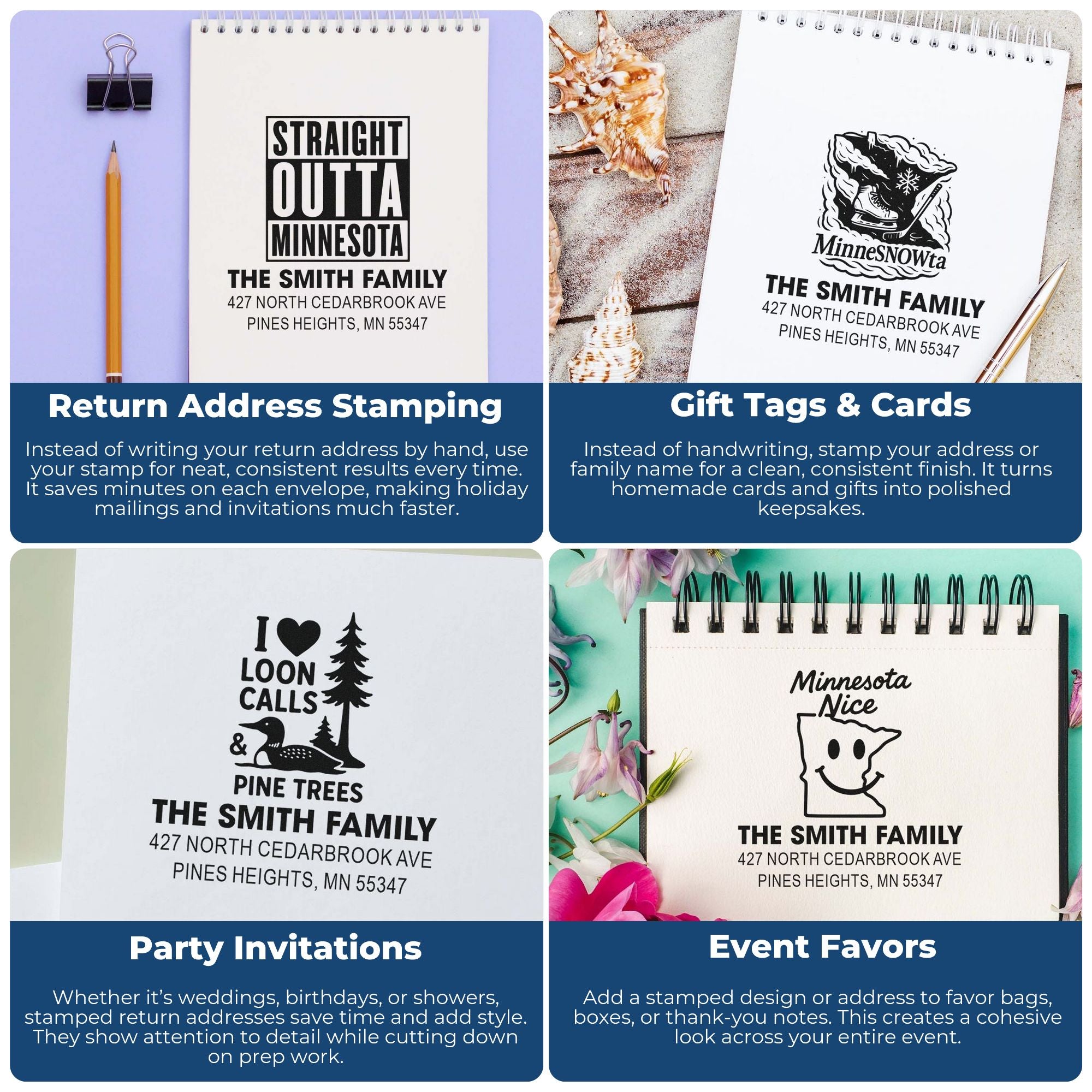 Custom rubber stamp examples for Minnesota return addresses, gift tags, party invitations, and event favors.