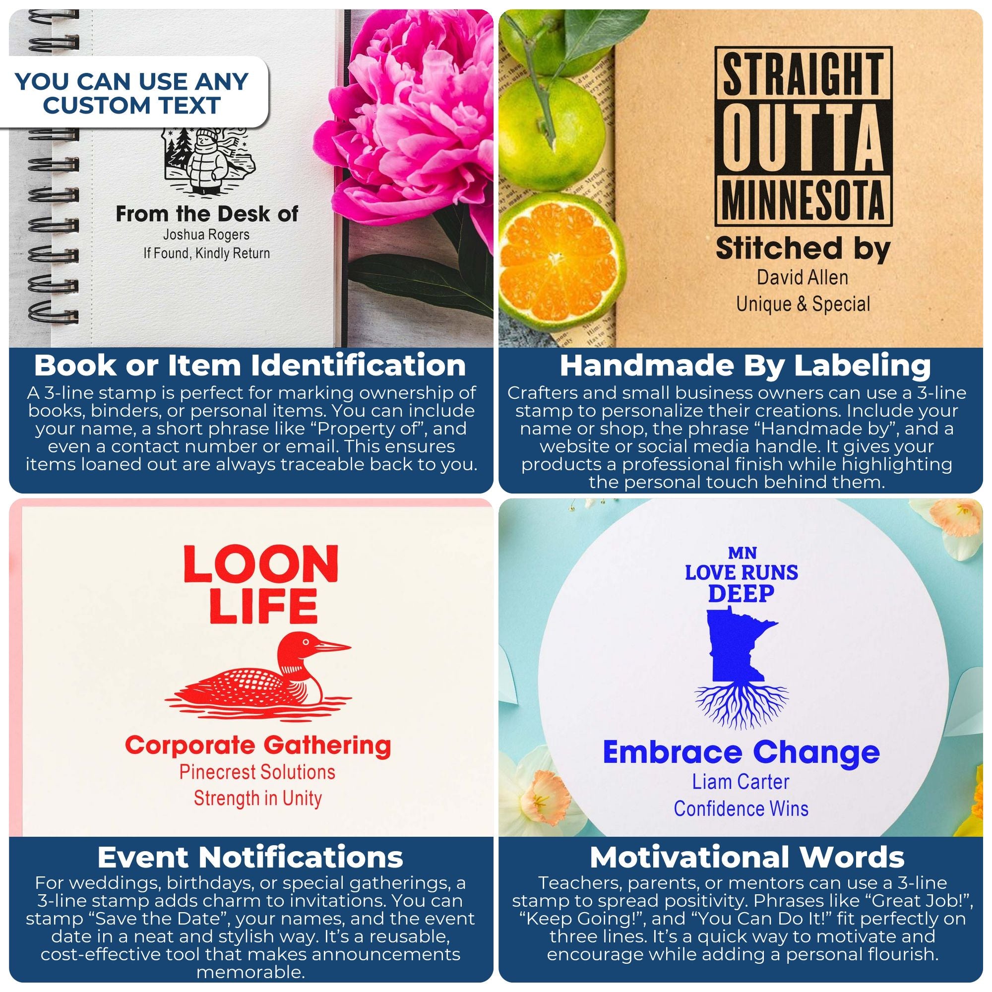 Custom 3-line rubber stamp ideas for book labels, handmade goods, event announcements, and motivational messages.