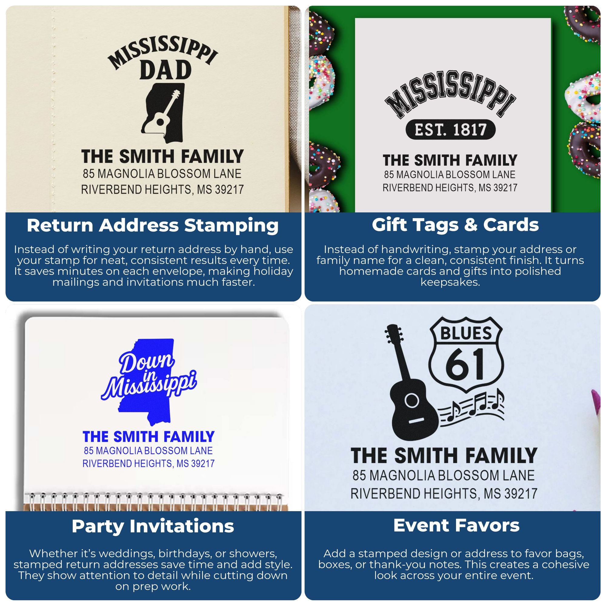 Custom Mississippi rubber stamps for return addresses, invitations, gift tags, and event favors with personalized family name and address.