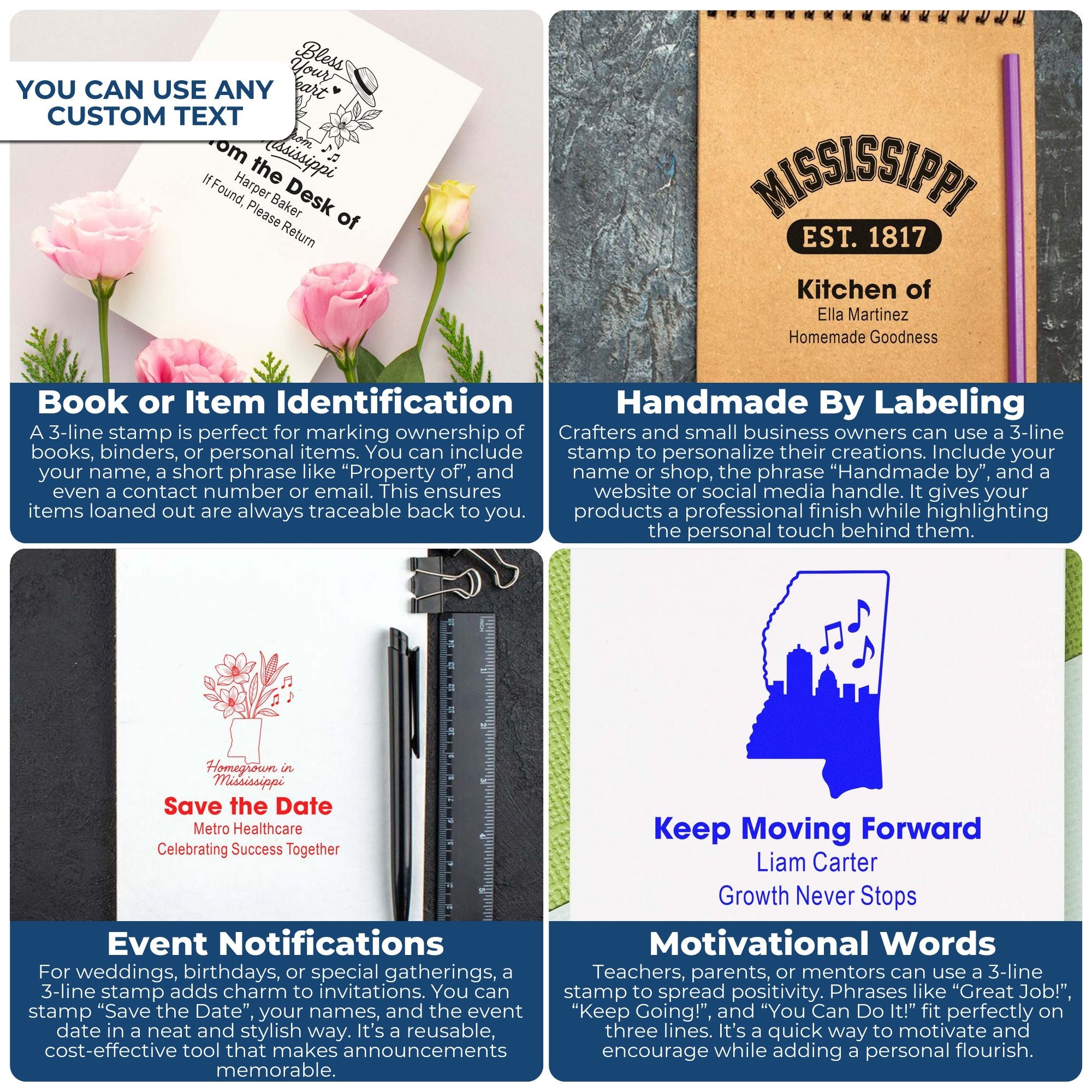 Custom rubber stamp design ideas for book labels, handmade goods, save-the-date cards, and motivational messages.