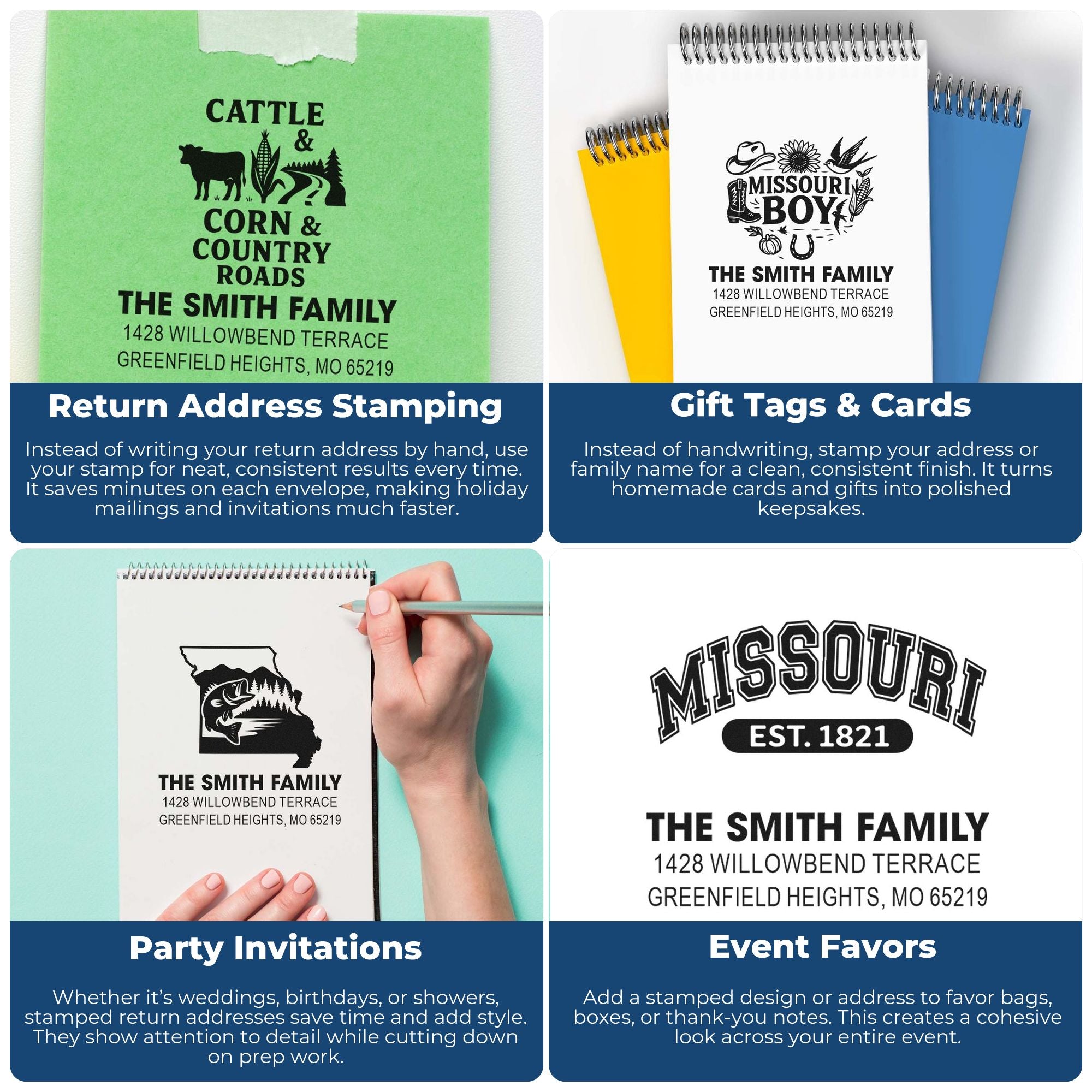 Custom rubber stamps for return addresses, gift tags, invitations, and event favors with personalized family name and Missouri designs.