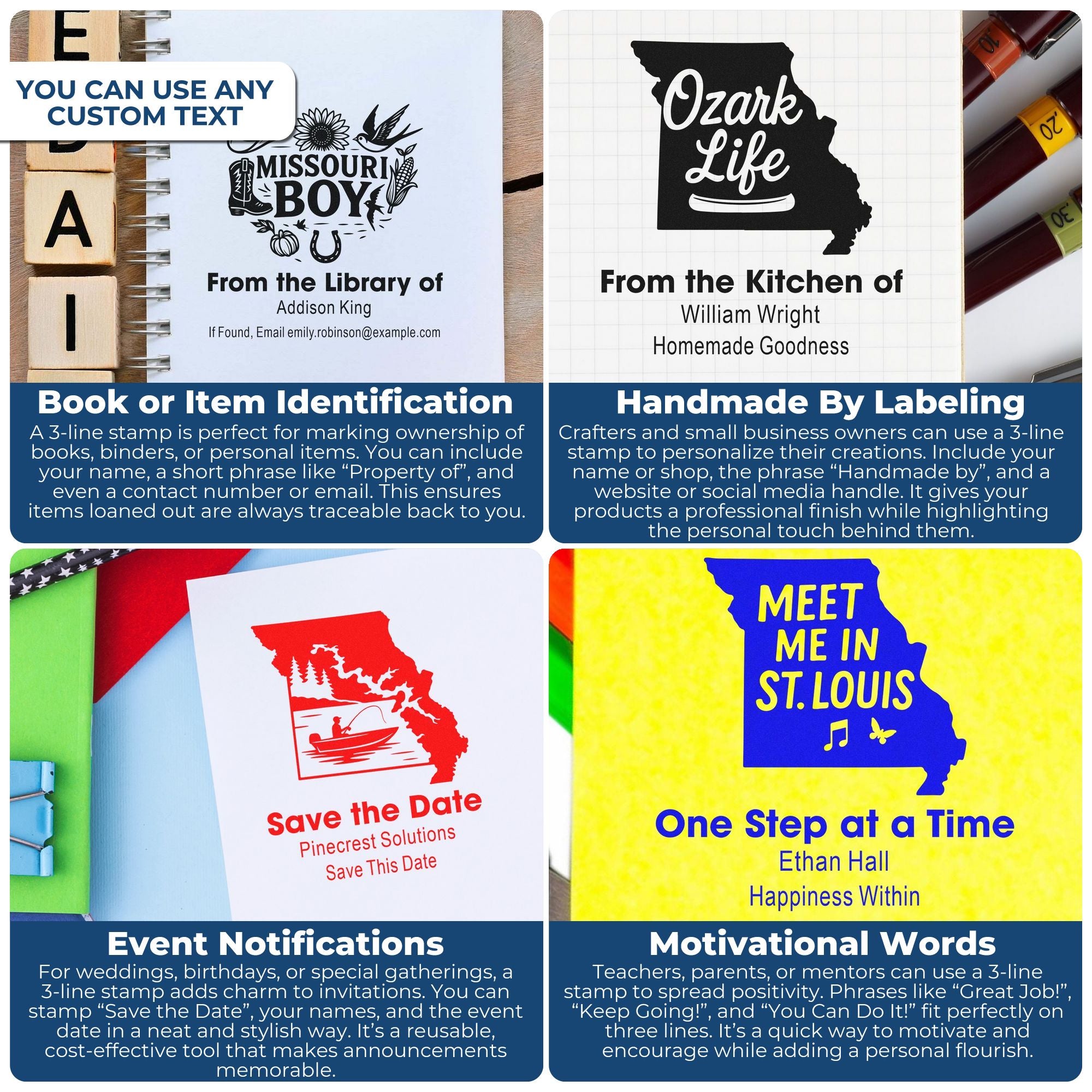 Custom rubber stamp examples for book labels, handmade products, save-the-date cards, and motivational messages.