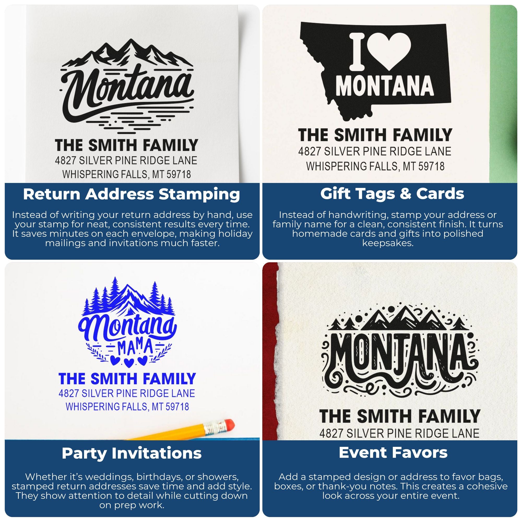 Custom Montana family rubber stamps for return addresses, gift tags, party invitations and event favors.