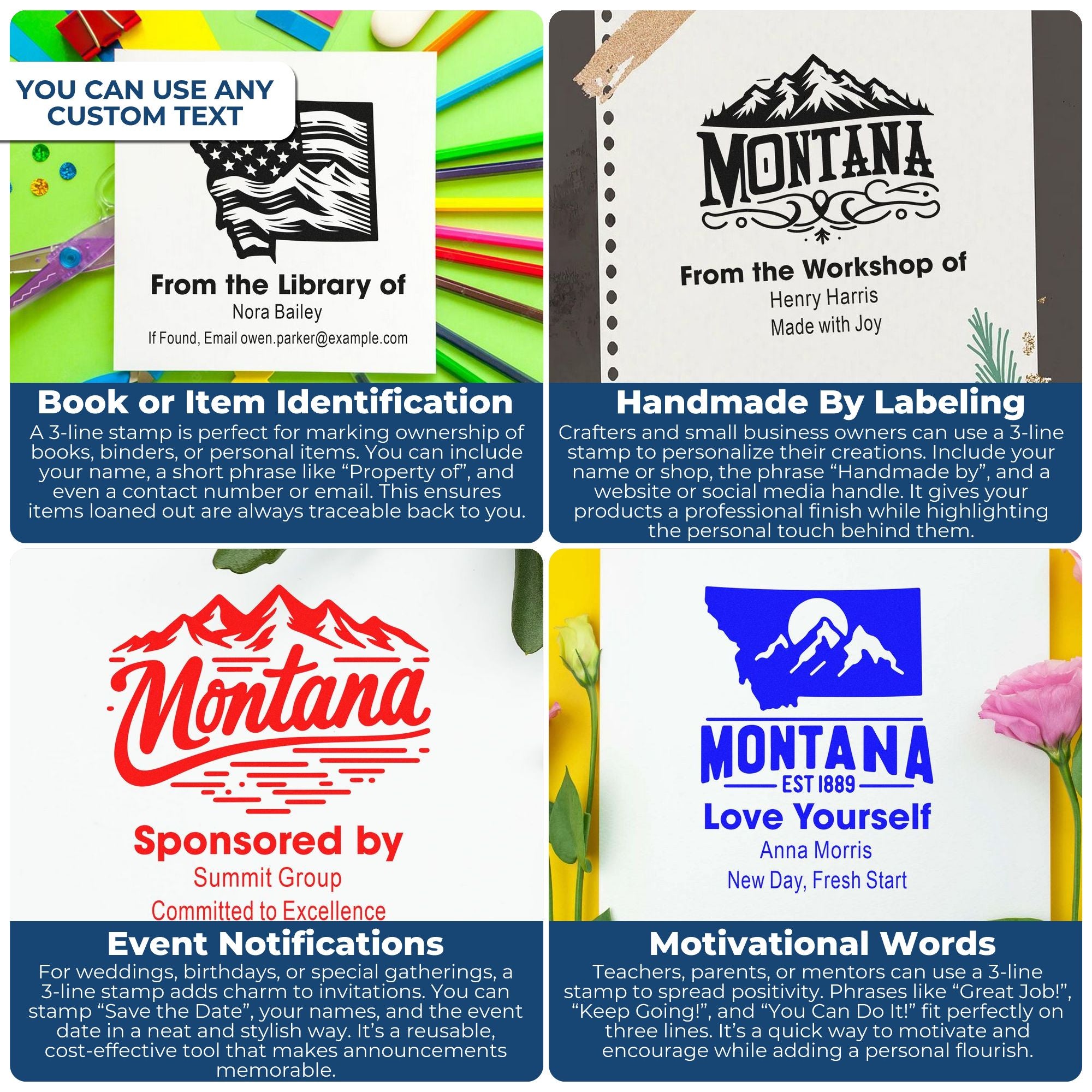 Personalized 3-line rubber stamp examples for book ID, handmade branding, event notices, and motivational messages.