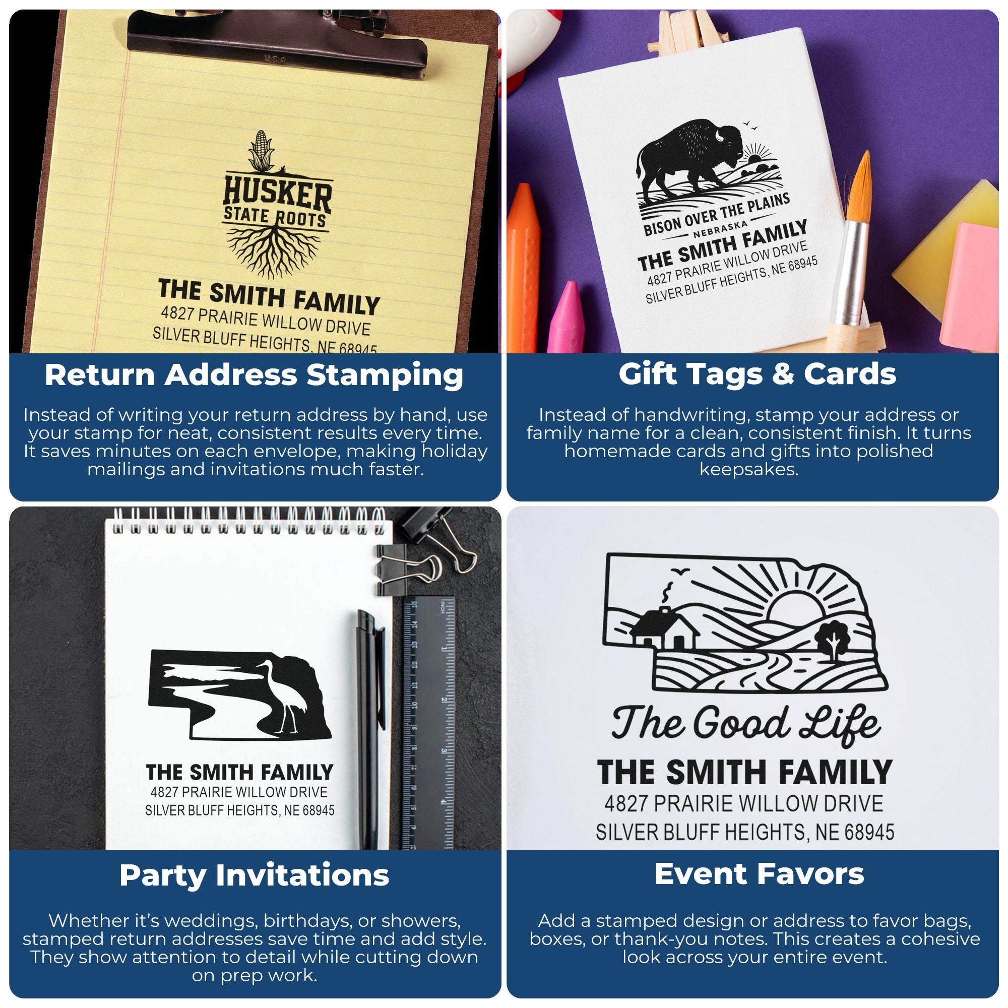 Custom rubber return address stamp on envelope for neat, consistent mailing and holiday invitations.