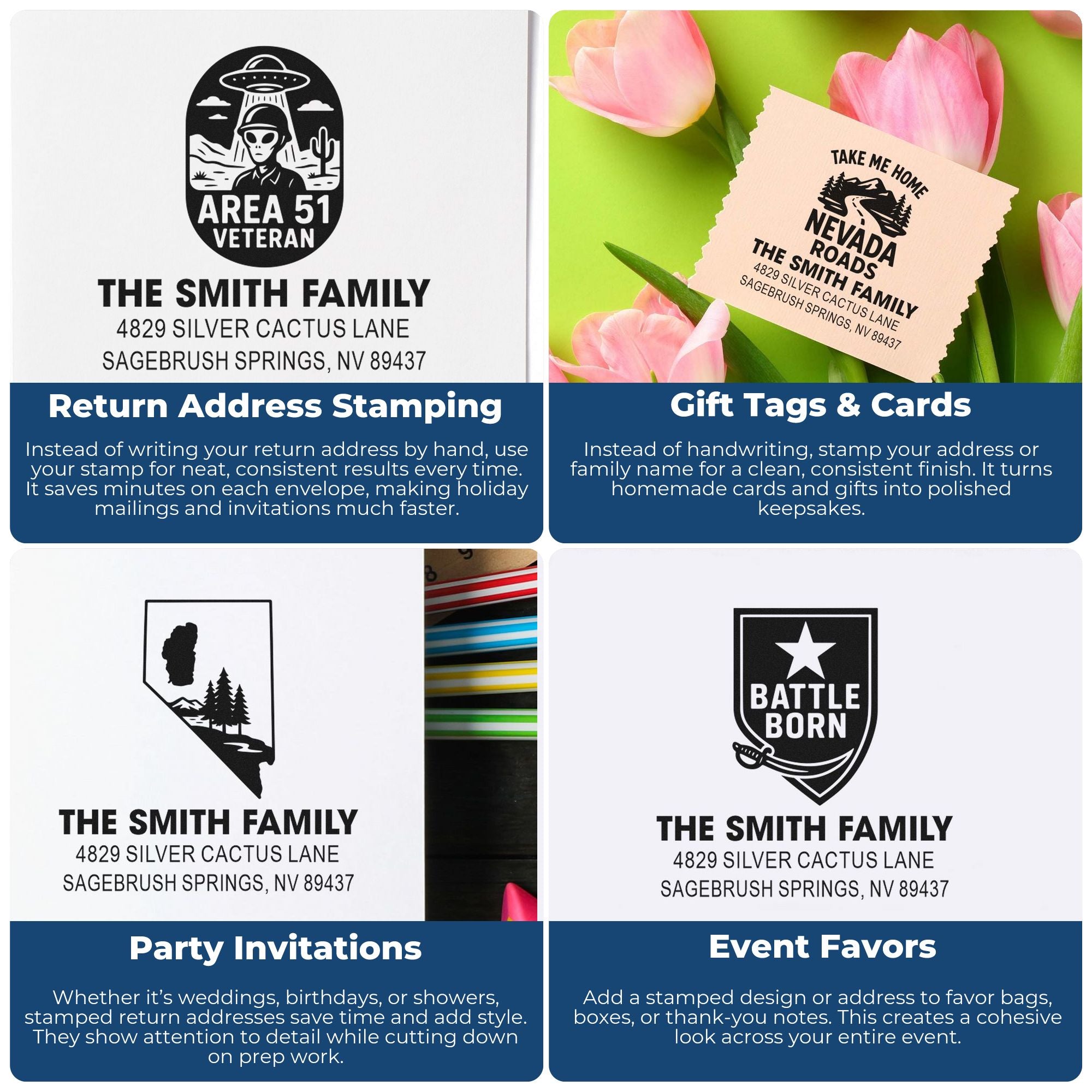 Personalized rubber stamp examples for return addresses, gift tags, party invitations, and event favors.