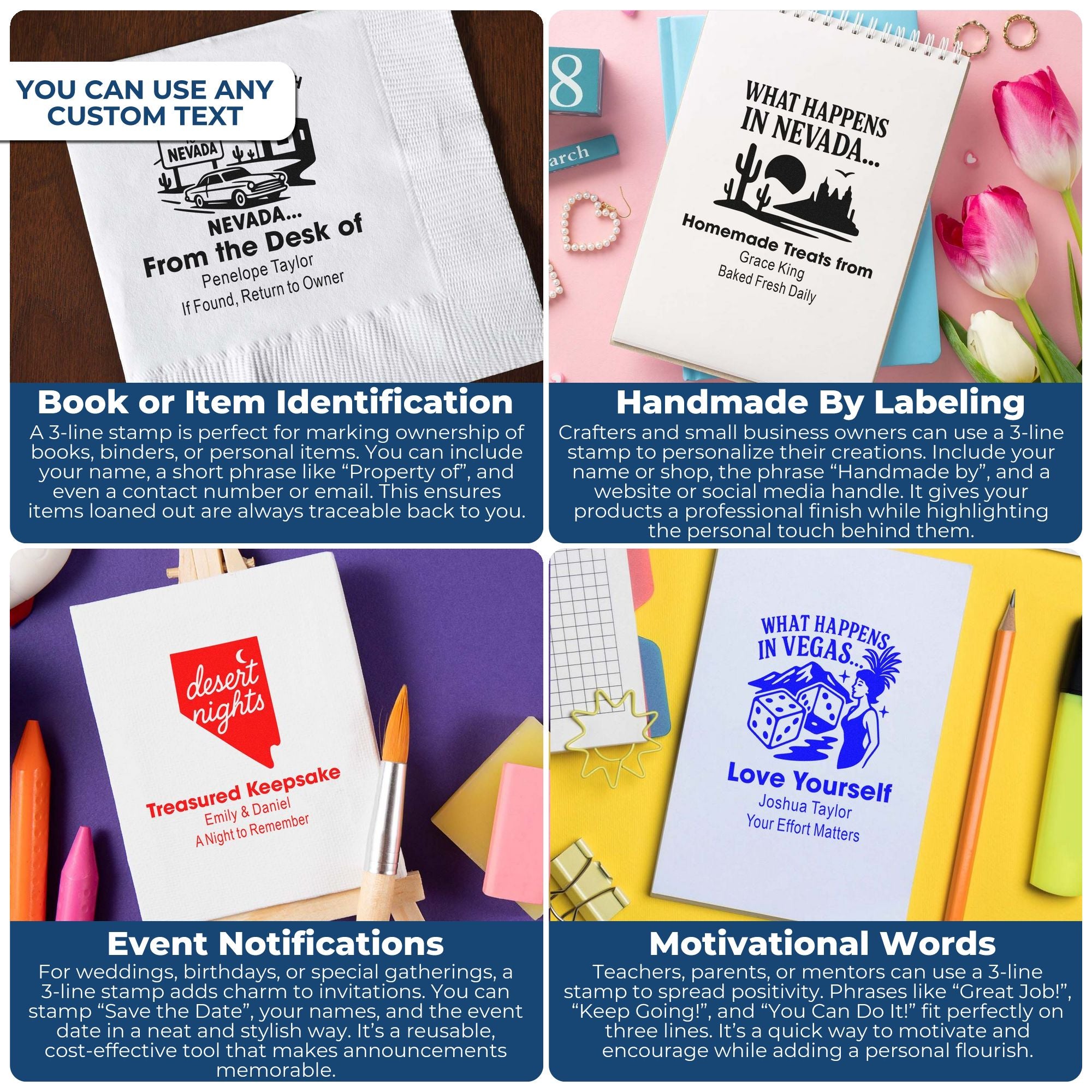 Custom 3-line rubber stamp examples for books, handmade labels, event announcements, and motivational messages.