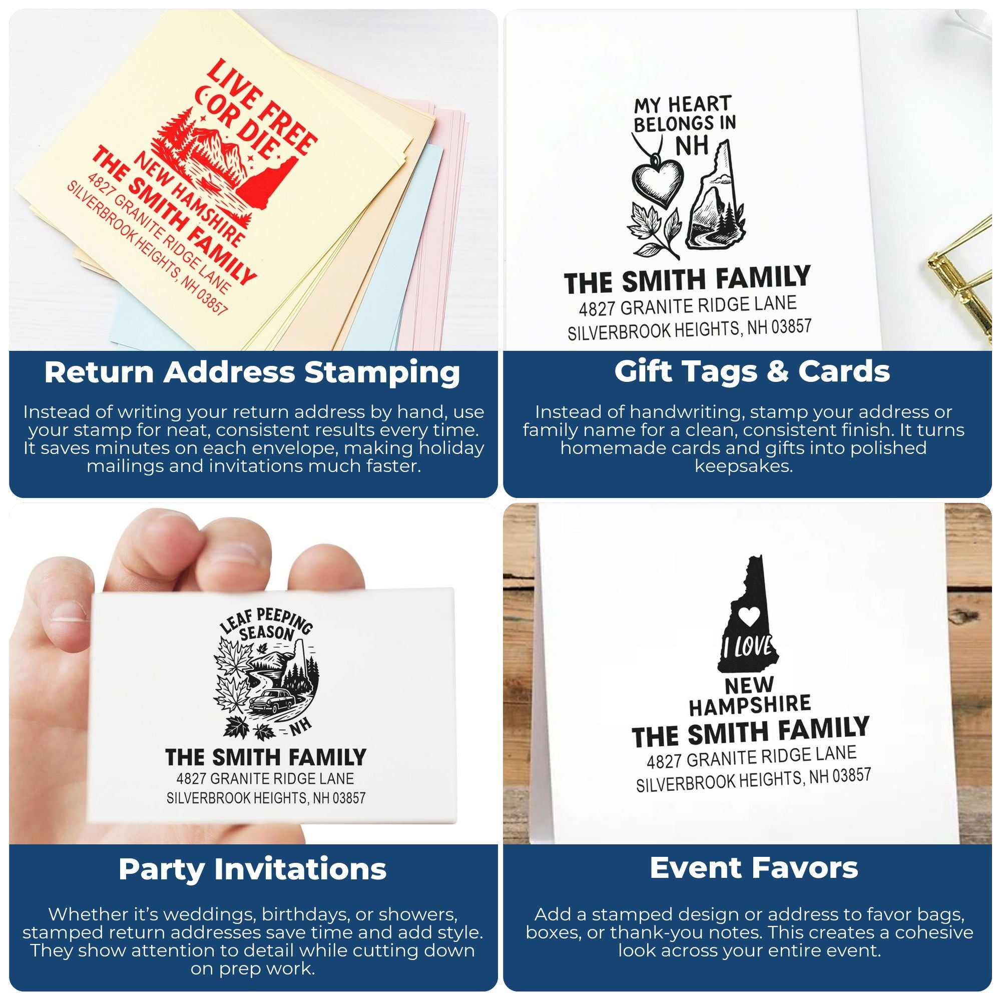 Custom rubber address stamps for return mail, gift tags, party invitations, and event favors with personalized family designs.
