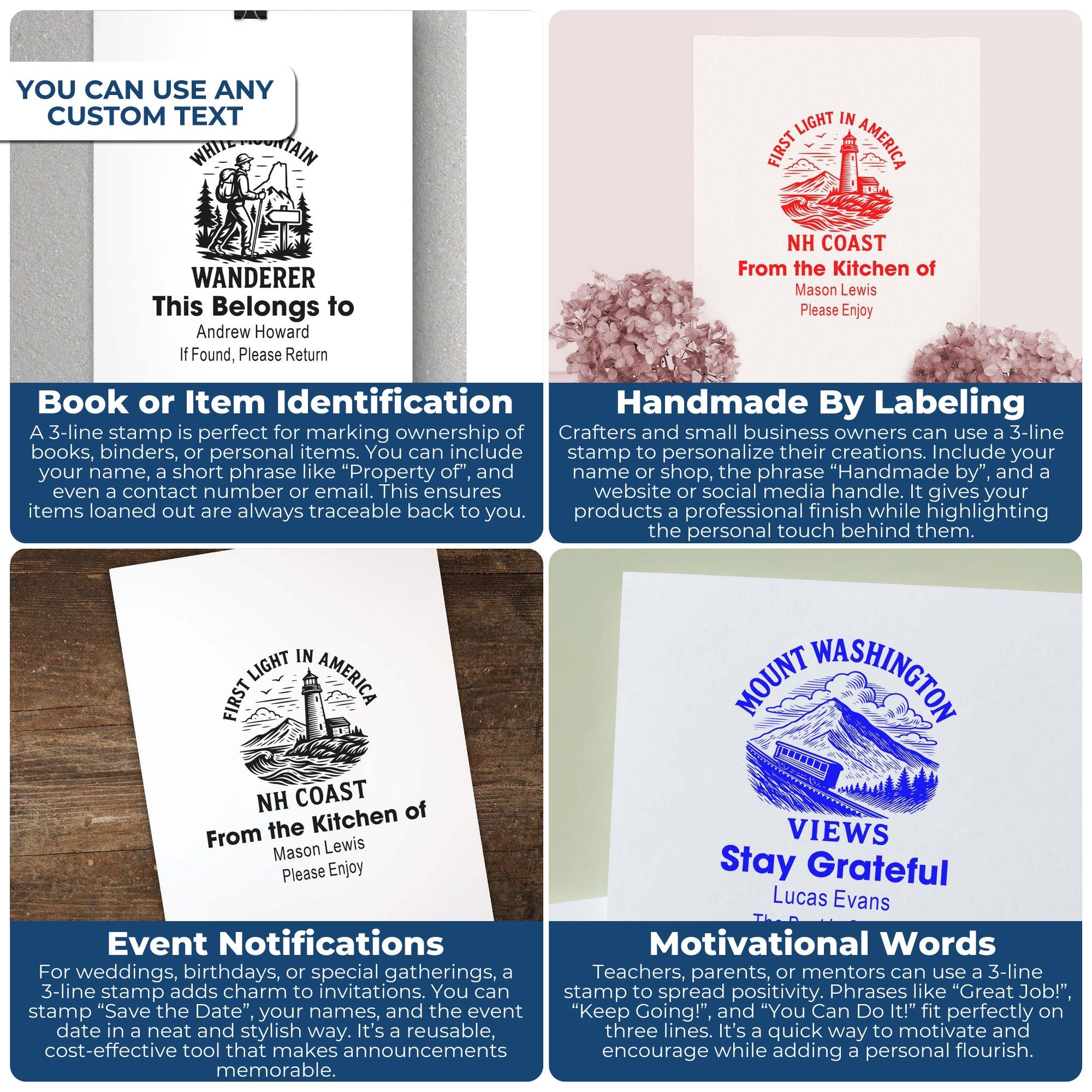 Personalized three-line rubber stamp examples for item identification, handmade labeling, event announcements, and motivational messages.