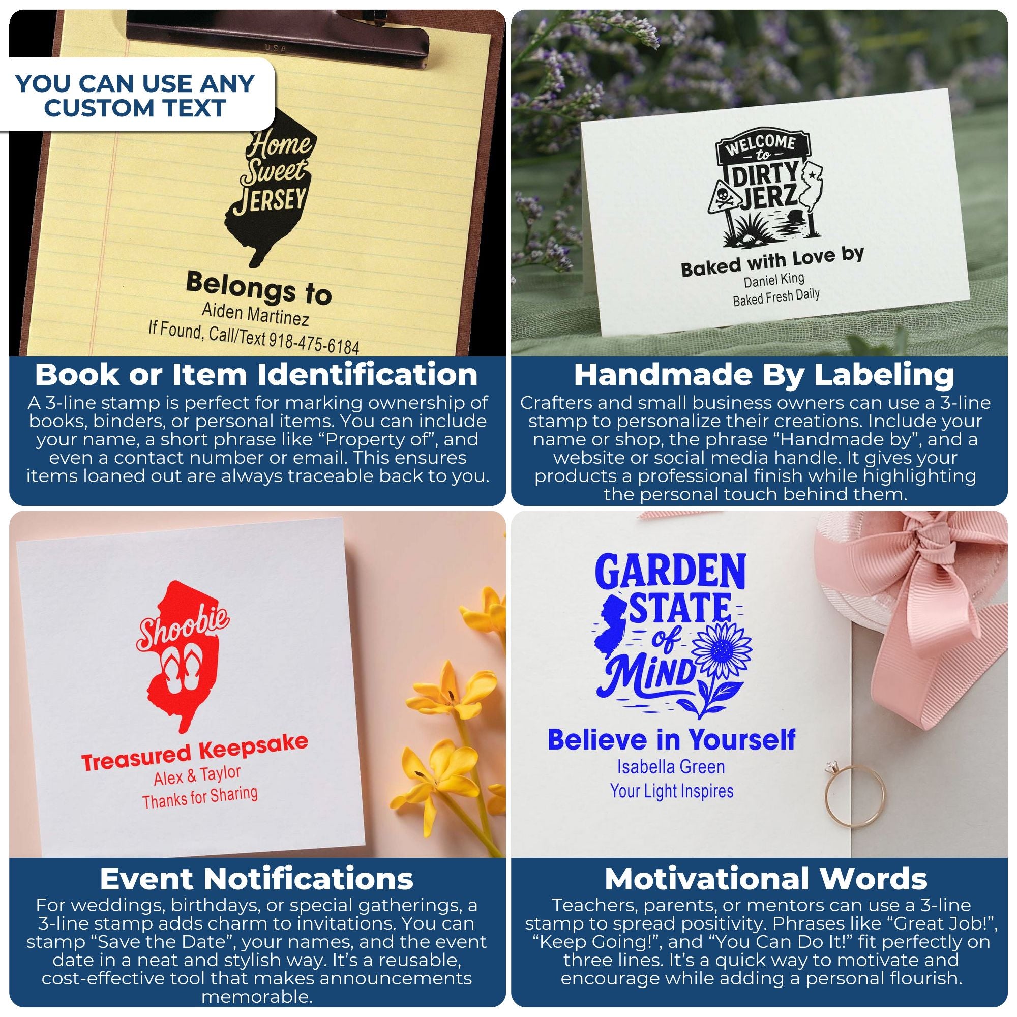 Custom rubber stamps infographic showing personalized 3-line stamp ideas for books, handmade labels, events, and motivational messages.