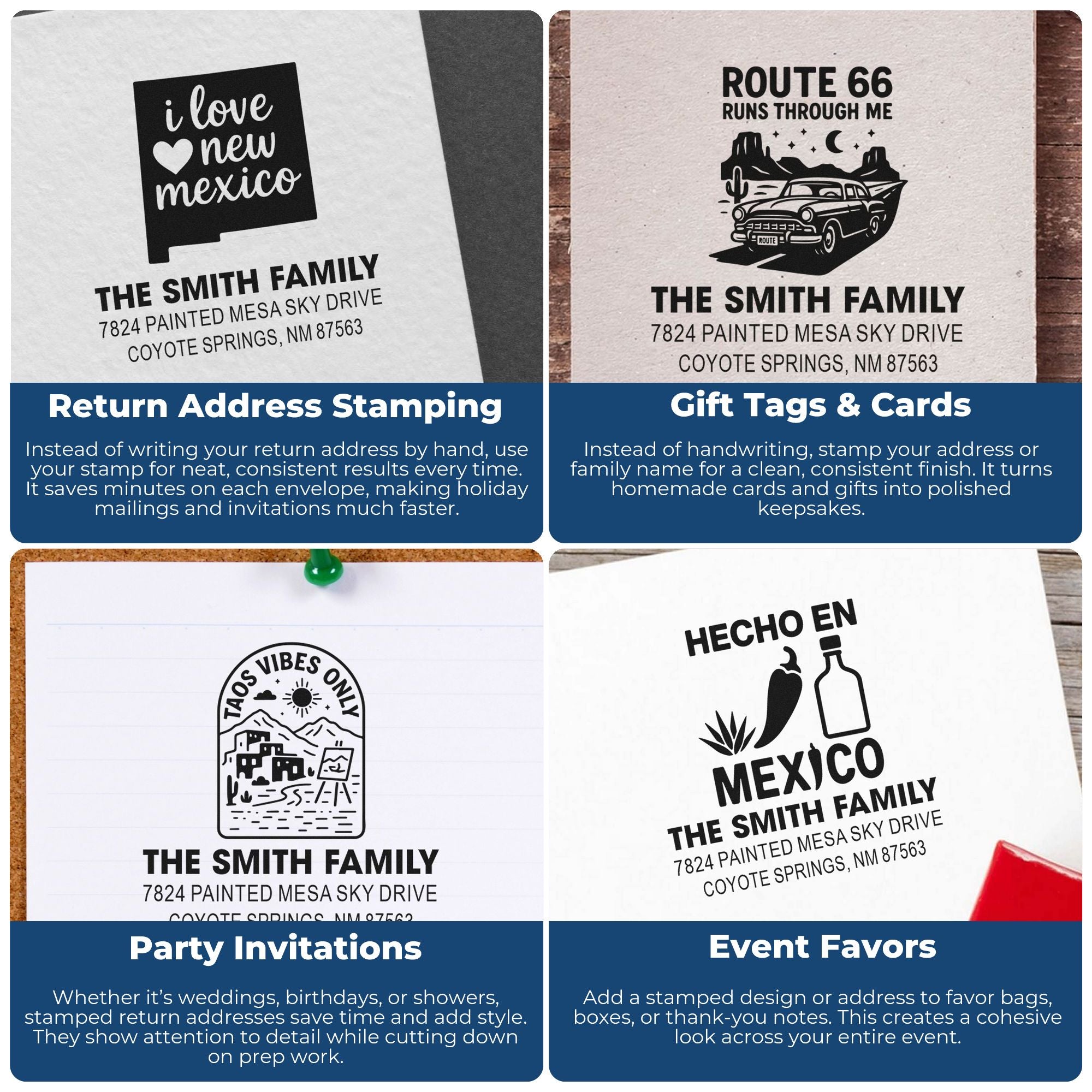 Custom rubber stamp examples for return addresses, gift tags, invitations, and event favors with New Mexico-themed designs.
