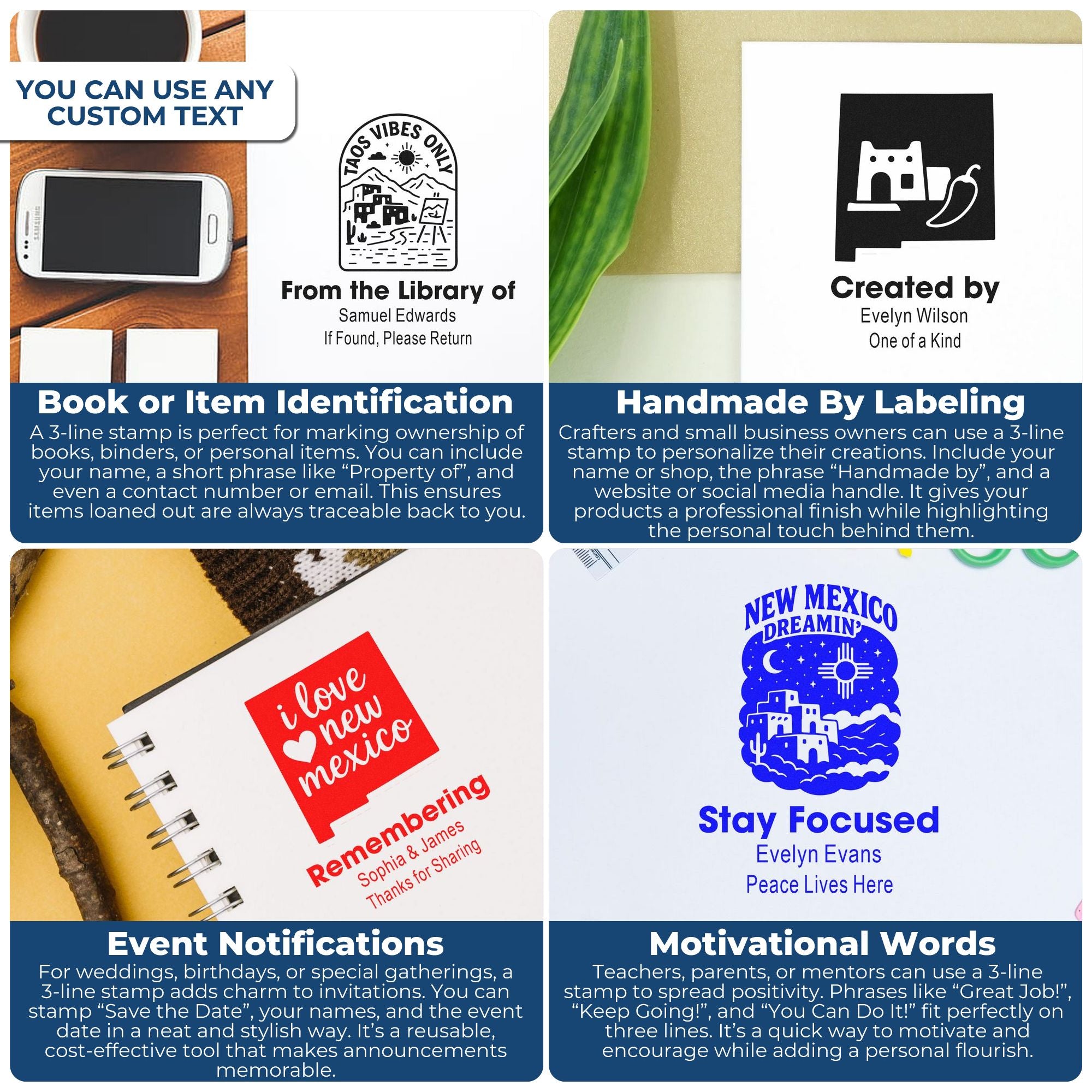 Custom 3-line rubber stamp ideas for book labels, handmade branding, event announcements, and motivational messages.