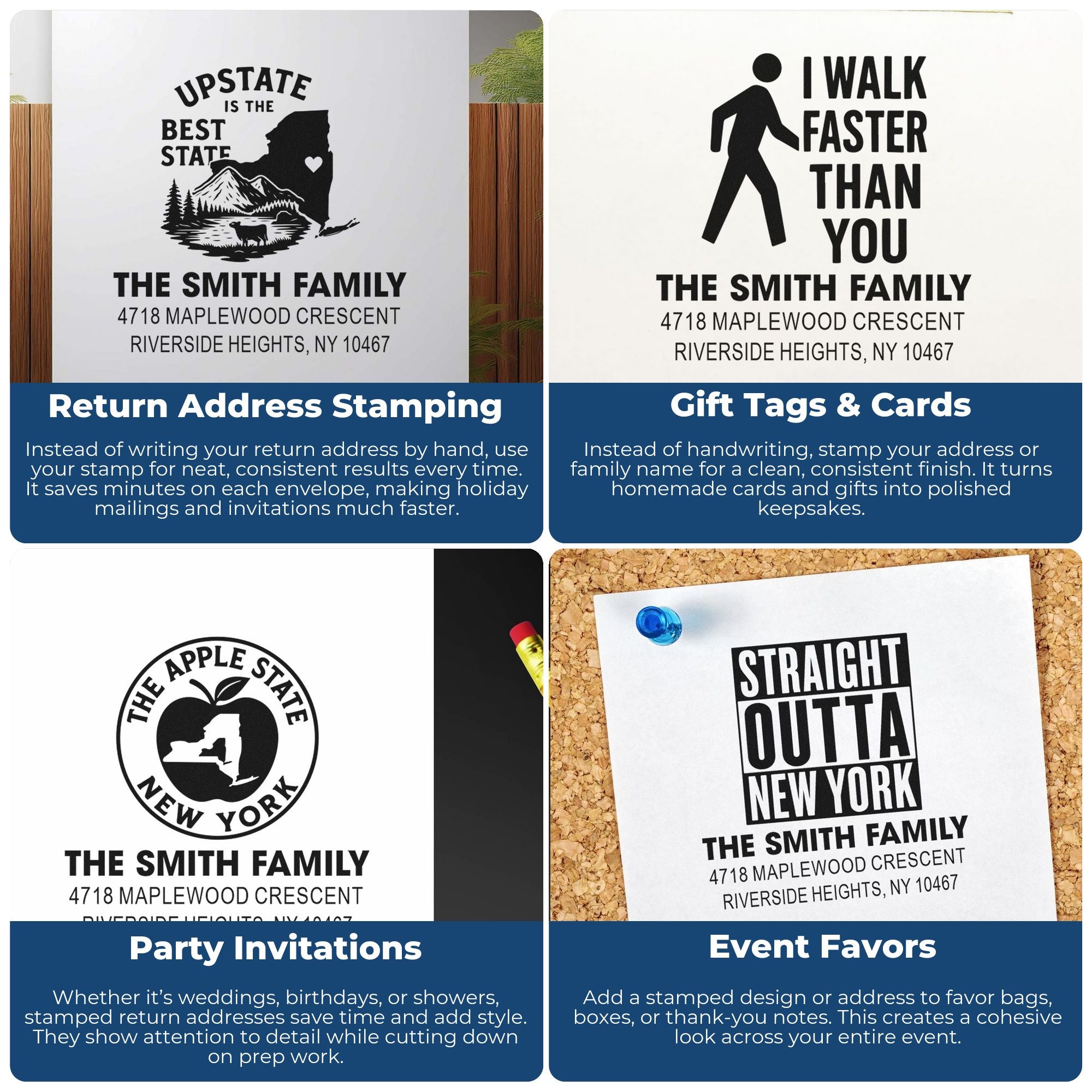Custom address rubber stamp examples for return addresses, gift tags, party invitations, and event favors