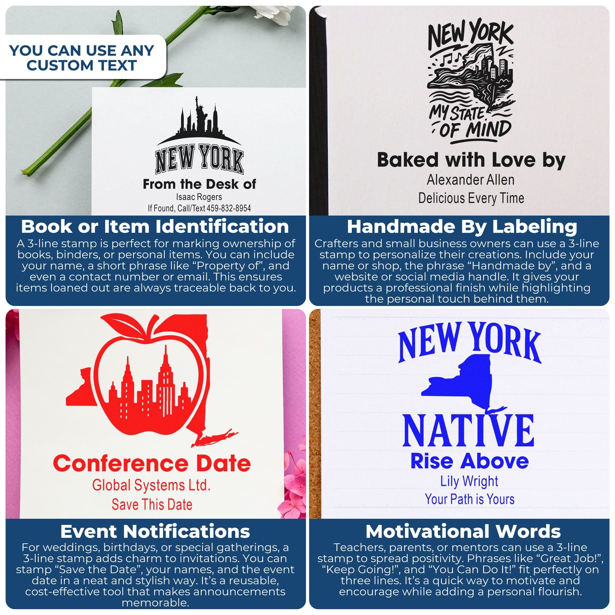 Custom 3-line rubber stamps for books, handmade labels, save-the-date cards, and motivational messages.