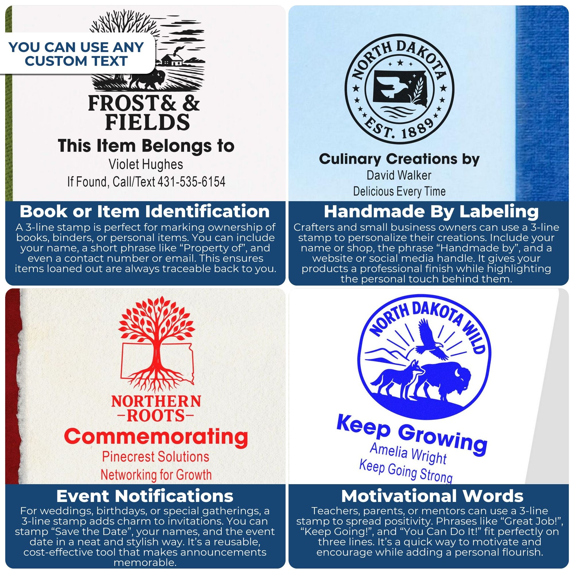 Custom rubber stamp examples for item labeling, handmade branding, event notices, and motivational messages with personalized text.