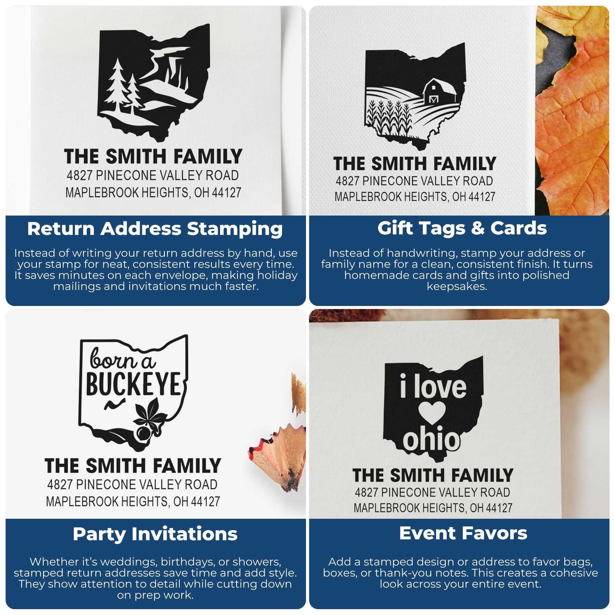 Custom Ohio rubber stamps for return addresses, gift tags, party invitations and event favors with family name and address.
