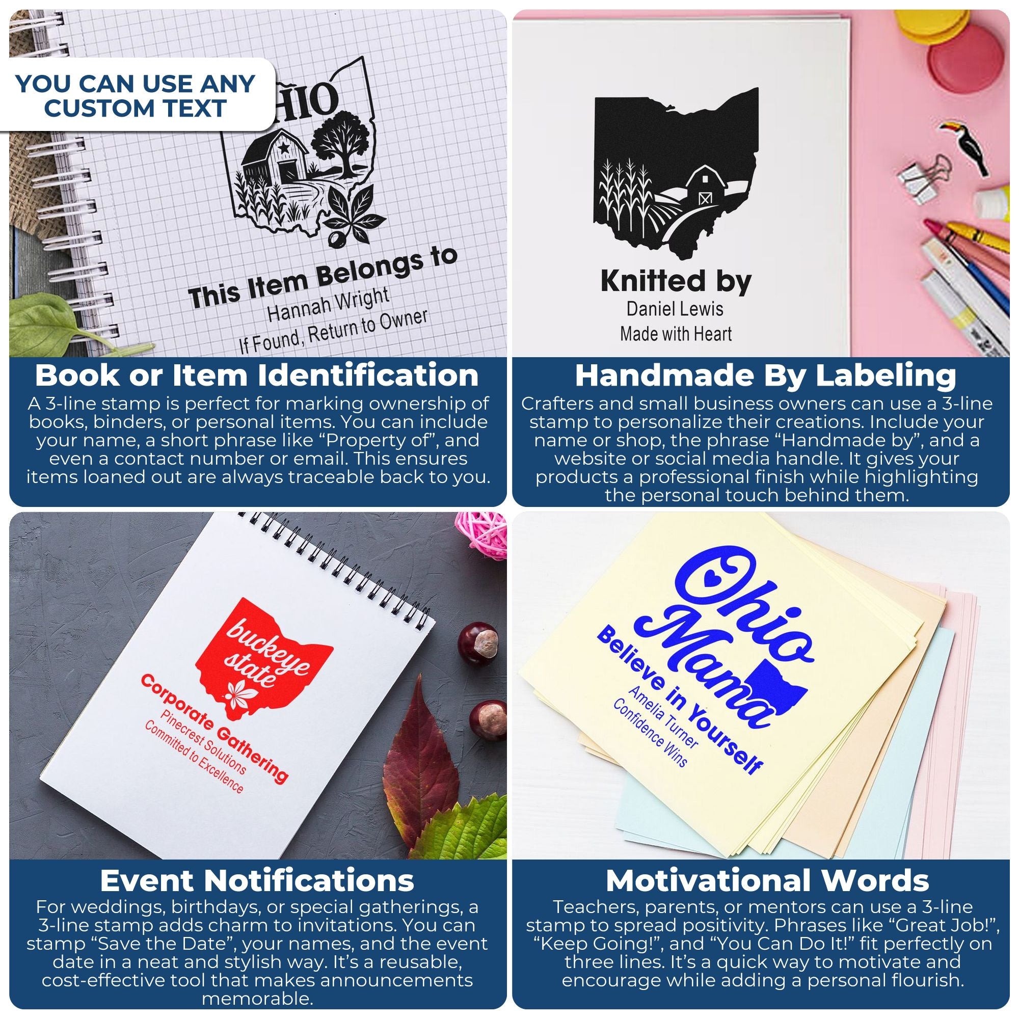 Personalized rubber stamp examples for book labels, handmade branding, event invites, and motivational messages.