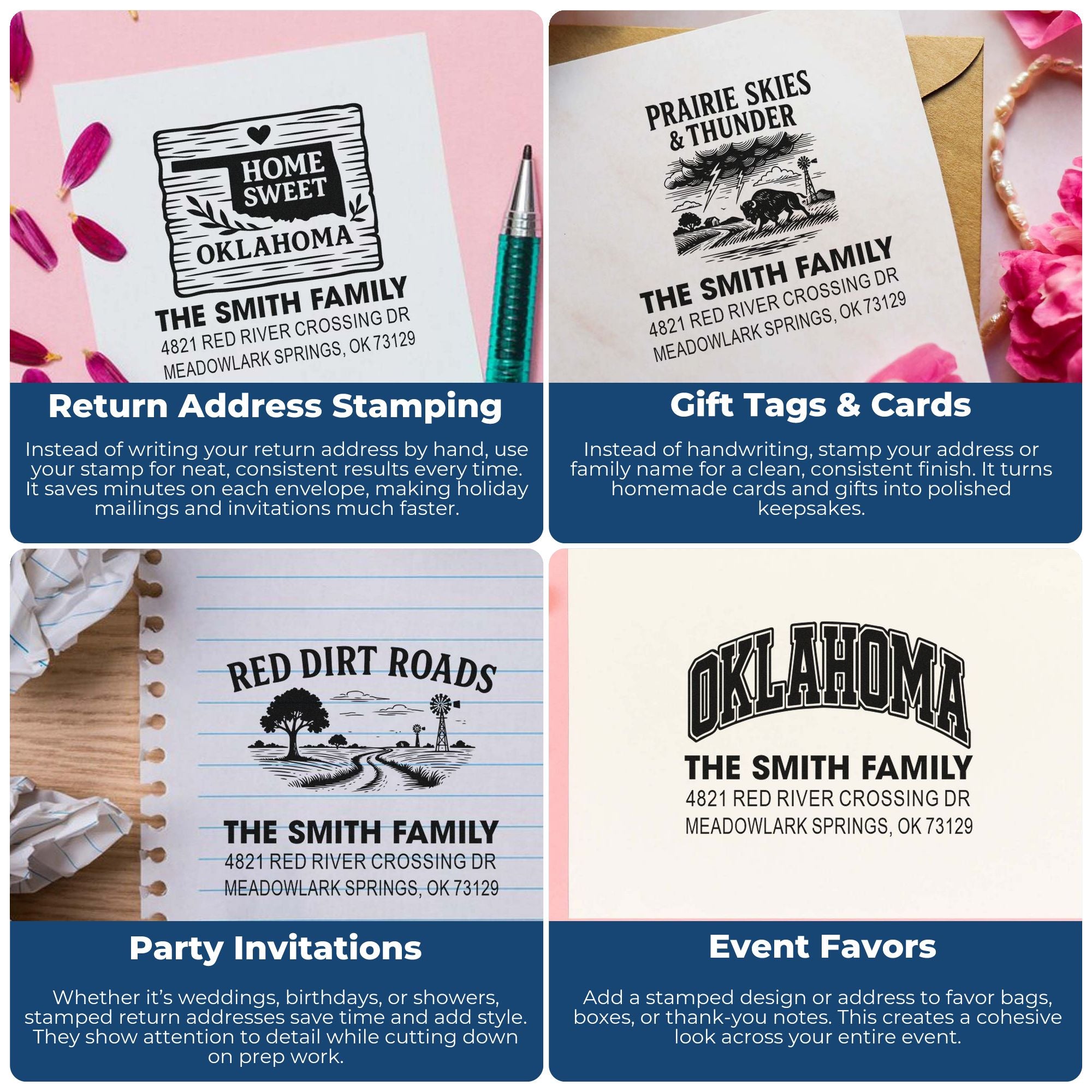 Custom rubber stamps for return addresses, gift tags, party invitations, and event favors with personalized Oklahoma family address designs.