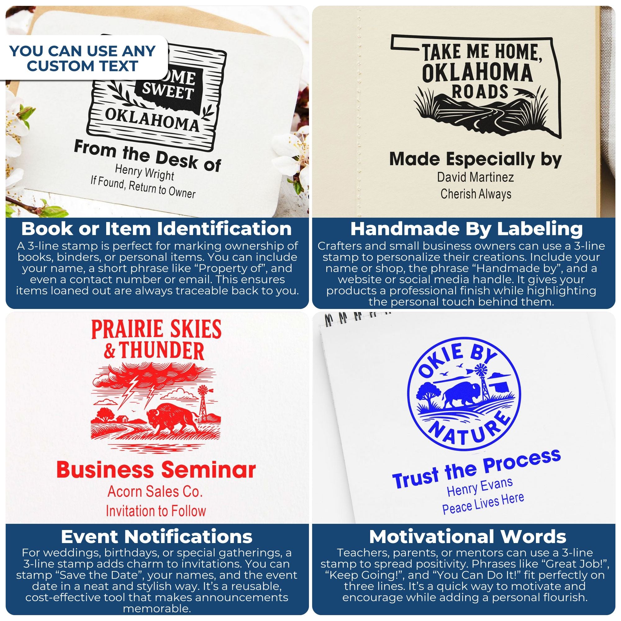 Custom 3-line rubber stamp examples for Oklahoma book labels, handmade products, event invitations, and motivational messages.