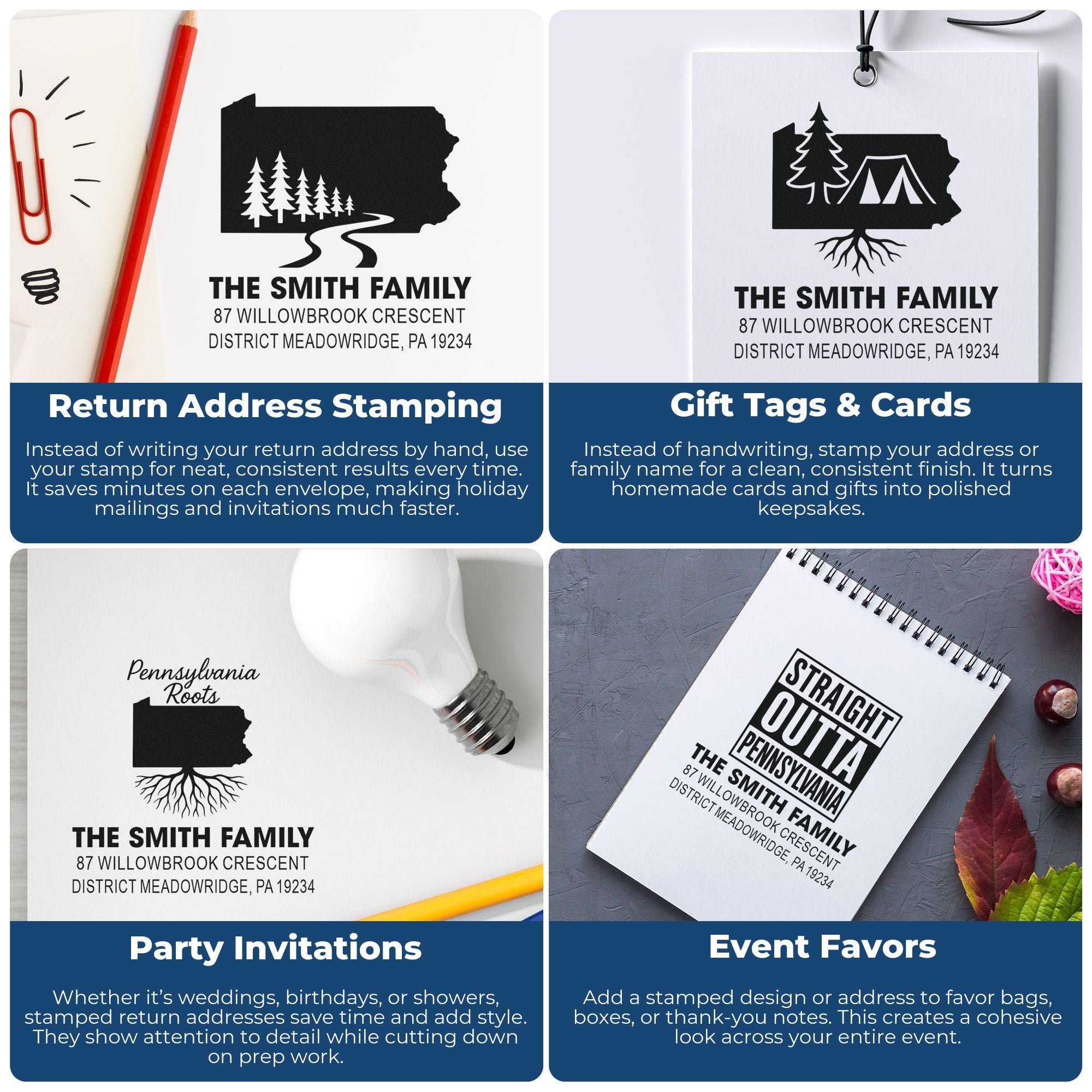 Custom Pennsylvania rubber stamps for return addresses, gift tags, party invitations, and event favors