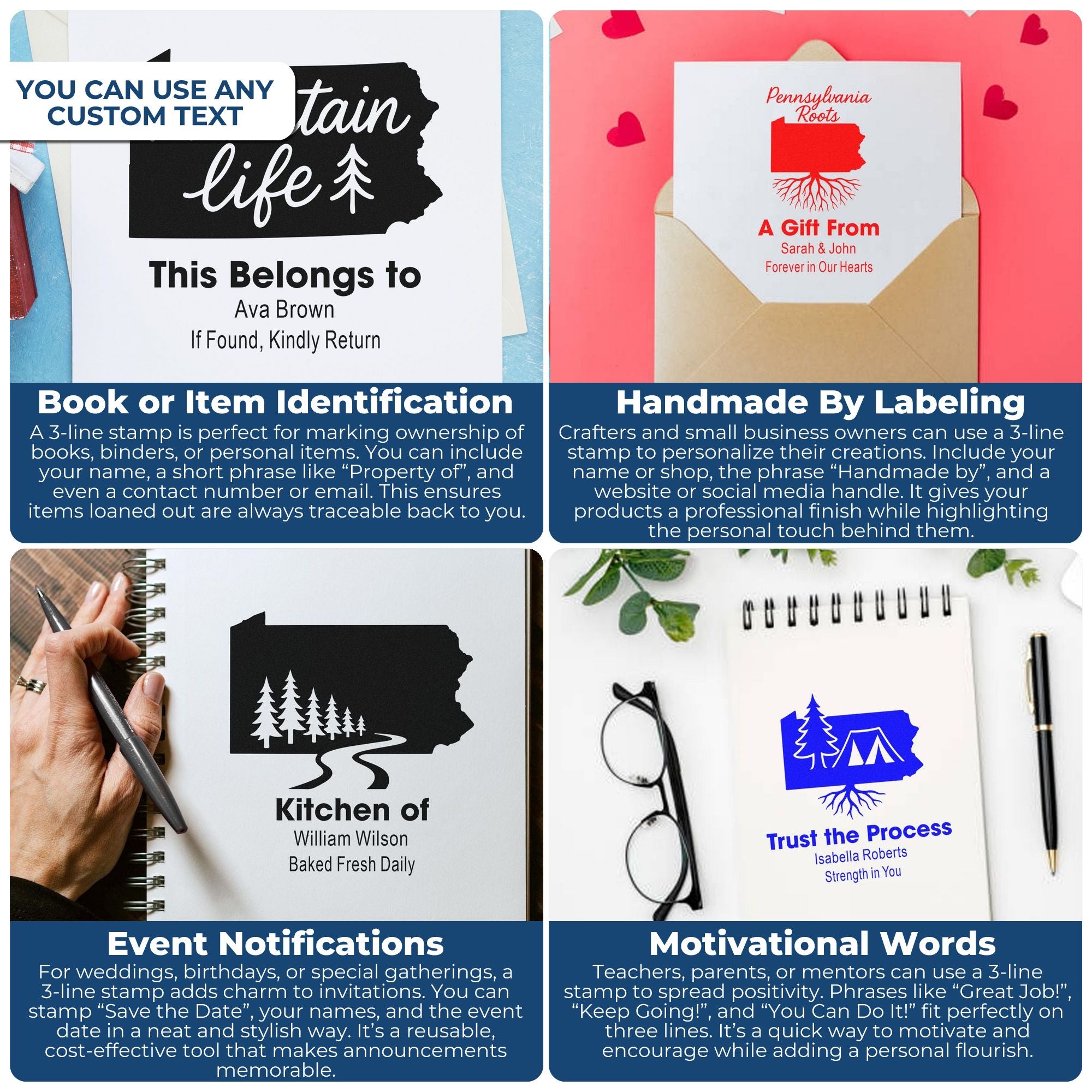 Custom rubber stamp examples for books, gifts, handmade labels, event invitations, and motivational notes with personalized text.