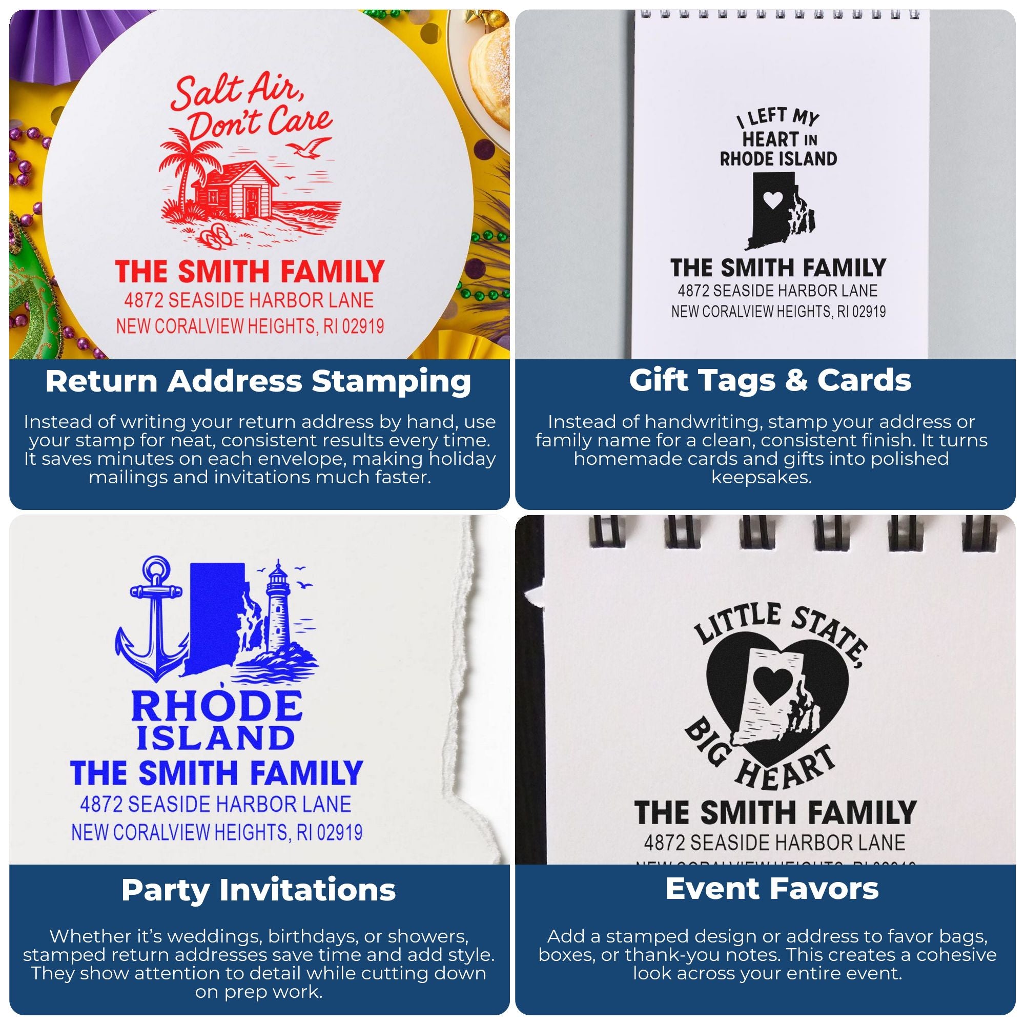 Custom rubber stamps for return addresses, gift tags, invitations, and event favors featuring Rhode Island family designs.