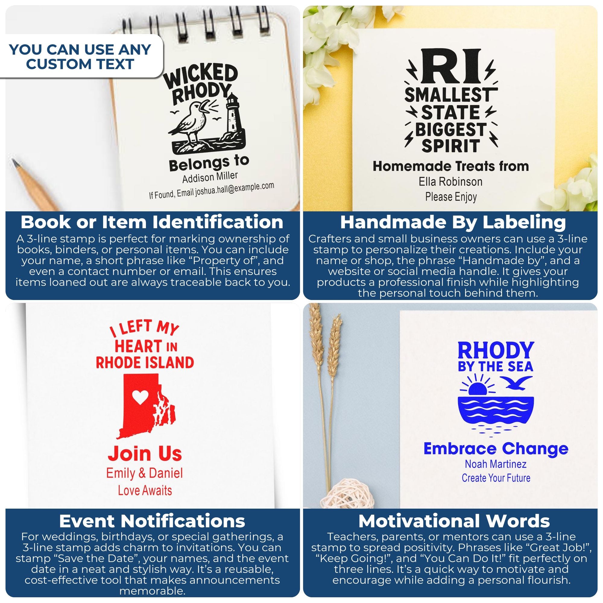 Custom rubber stamp ideas for book labels, handmade products, events, and motivational messages with personalized 3-line text.