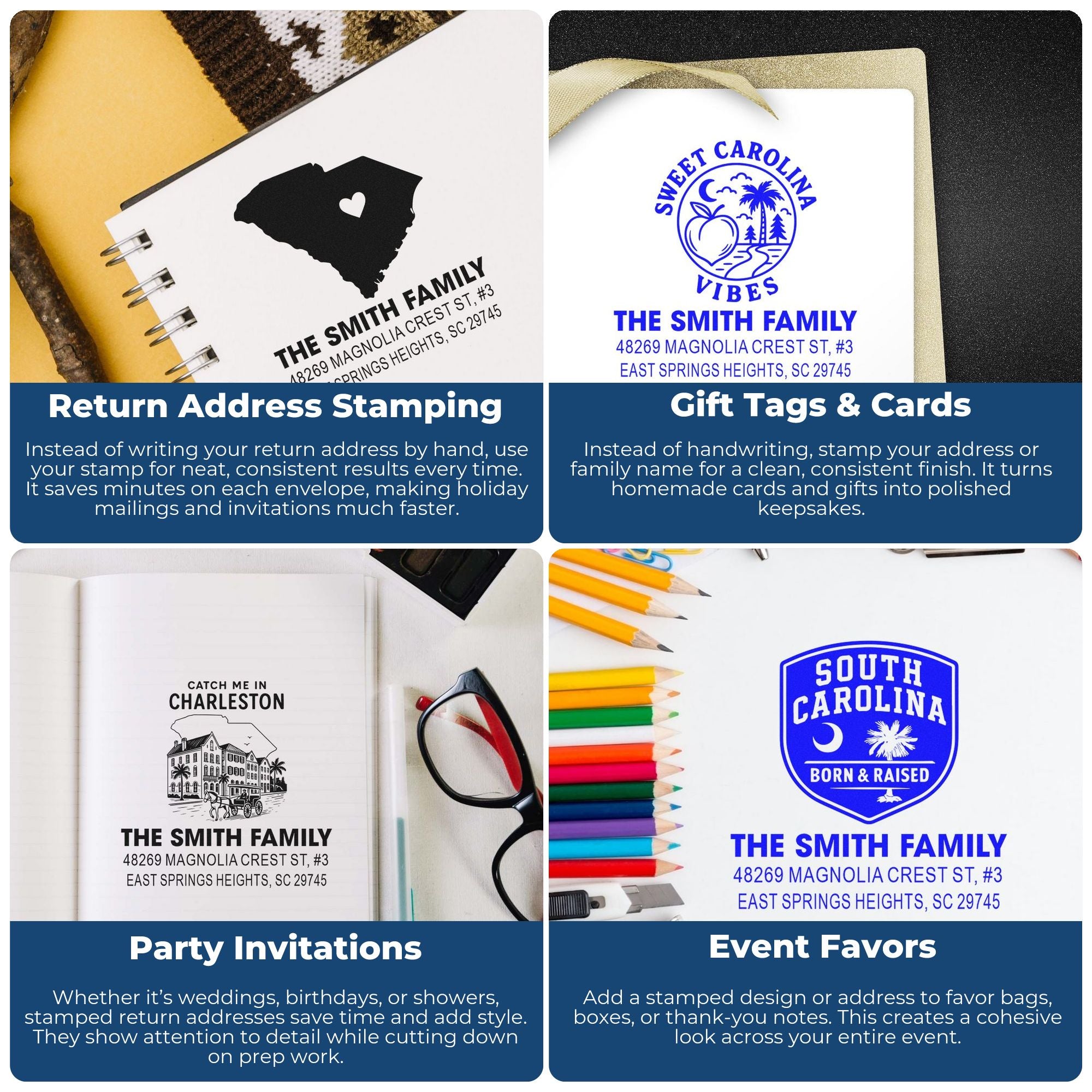 Custom rubber stamps for return addresses, gift tags, party invitations and event favors with personalized South Carolina designs.