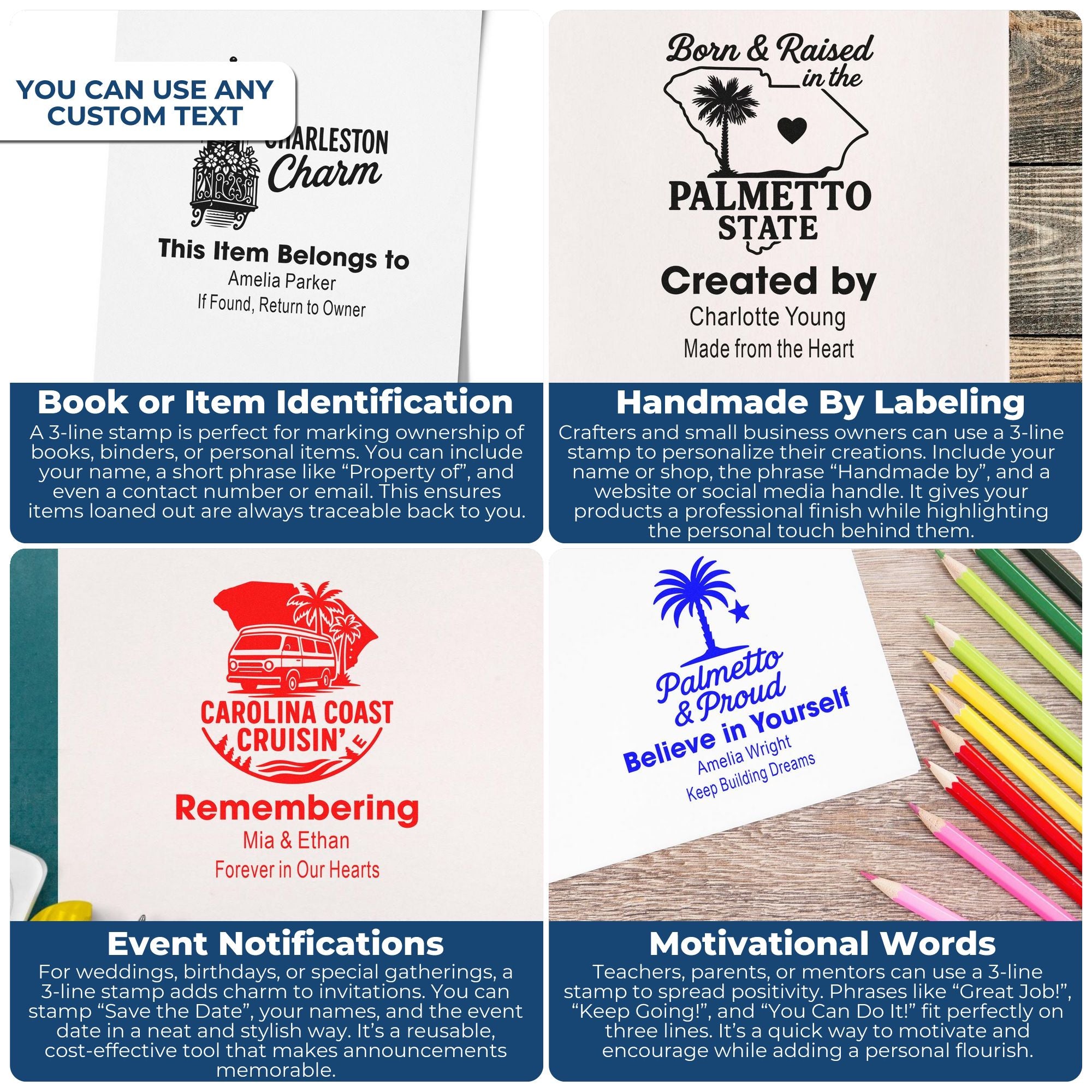 Custom personalized rubber stamp examples for book ownership, handmade branding, event announcements, and motivational messages.
