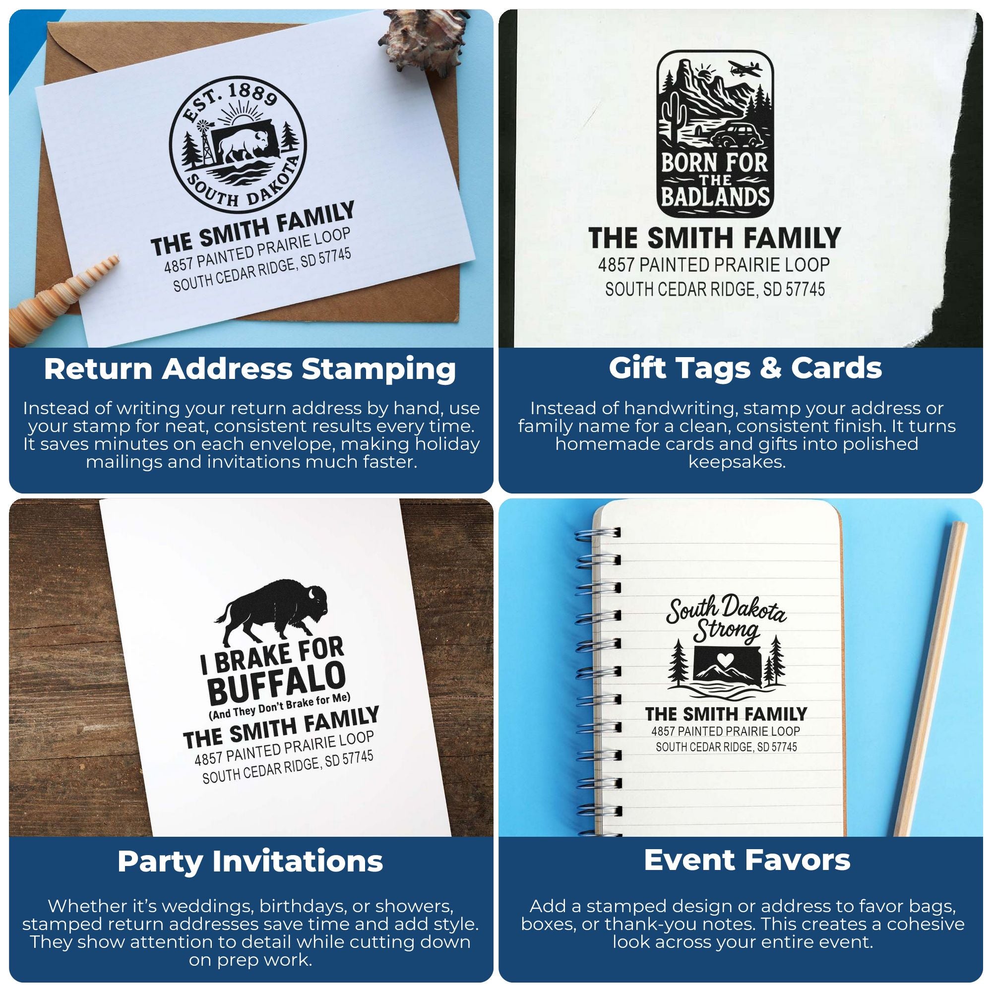 Custom rubber stamps for return address stamping, gift tags, party invitations, and event favors.