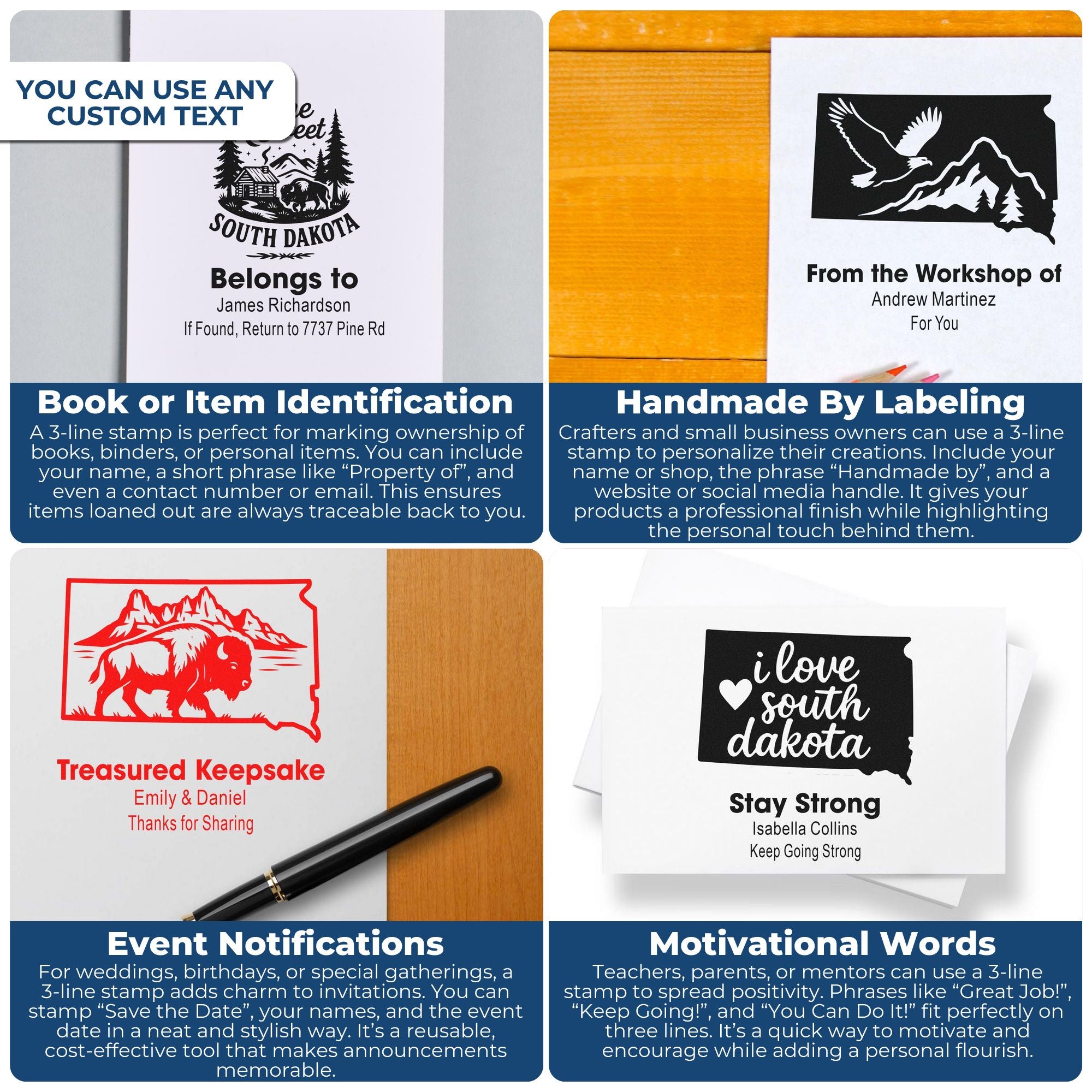 Custom 3-line rubber stamp examples for book labels, handmade branding, event invitations, and motivational messages.