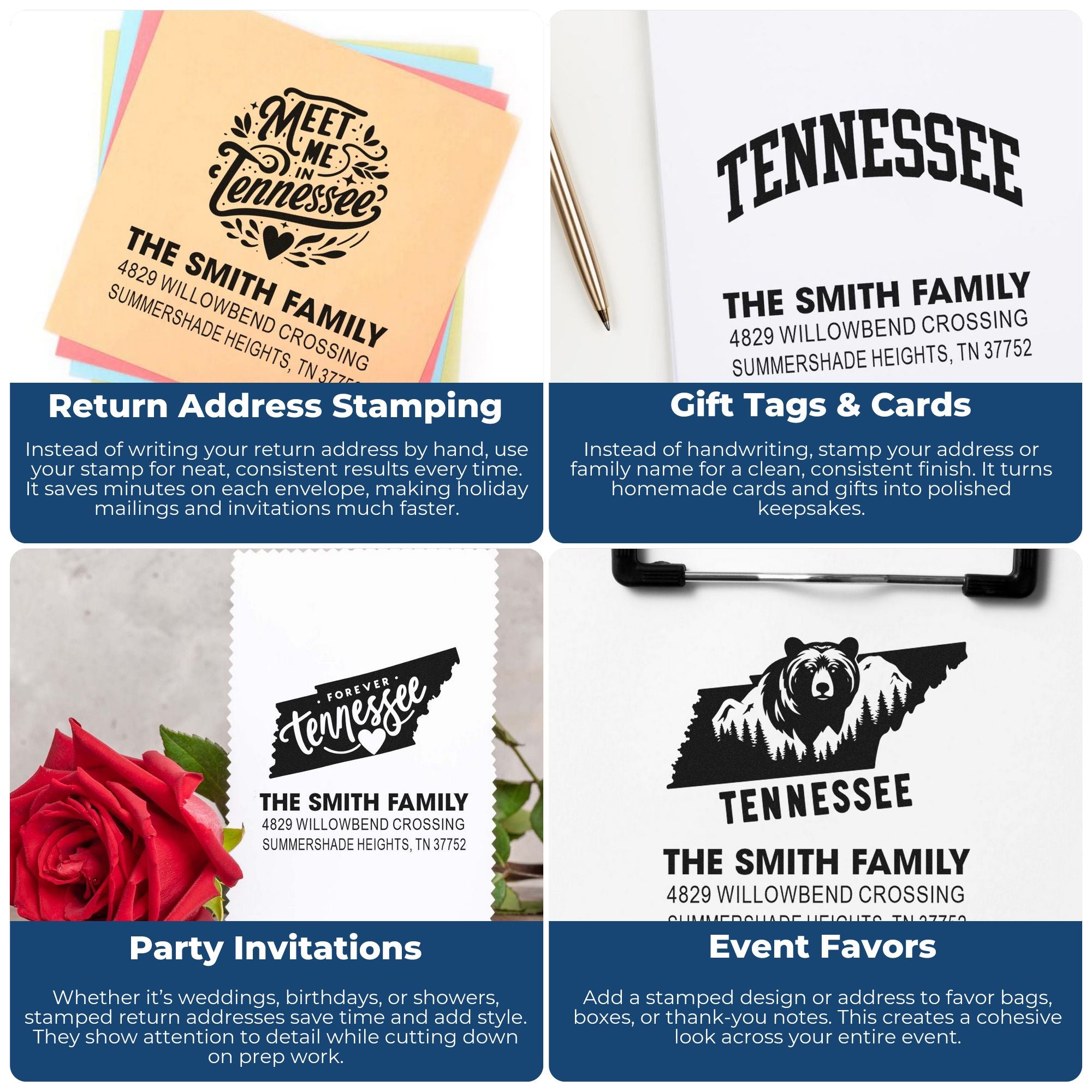 Personalized Tennessee rubber address stamps for return mail, gift tags, invitations, and event favors.