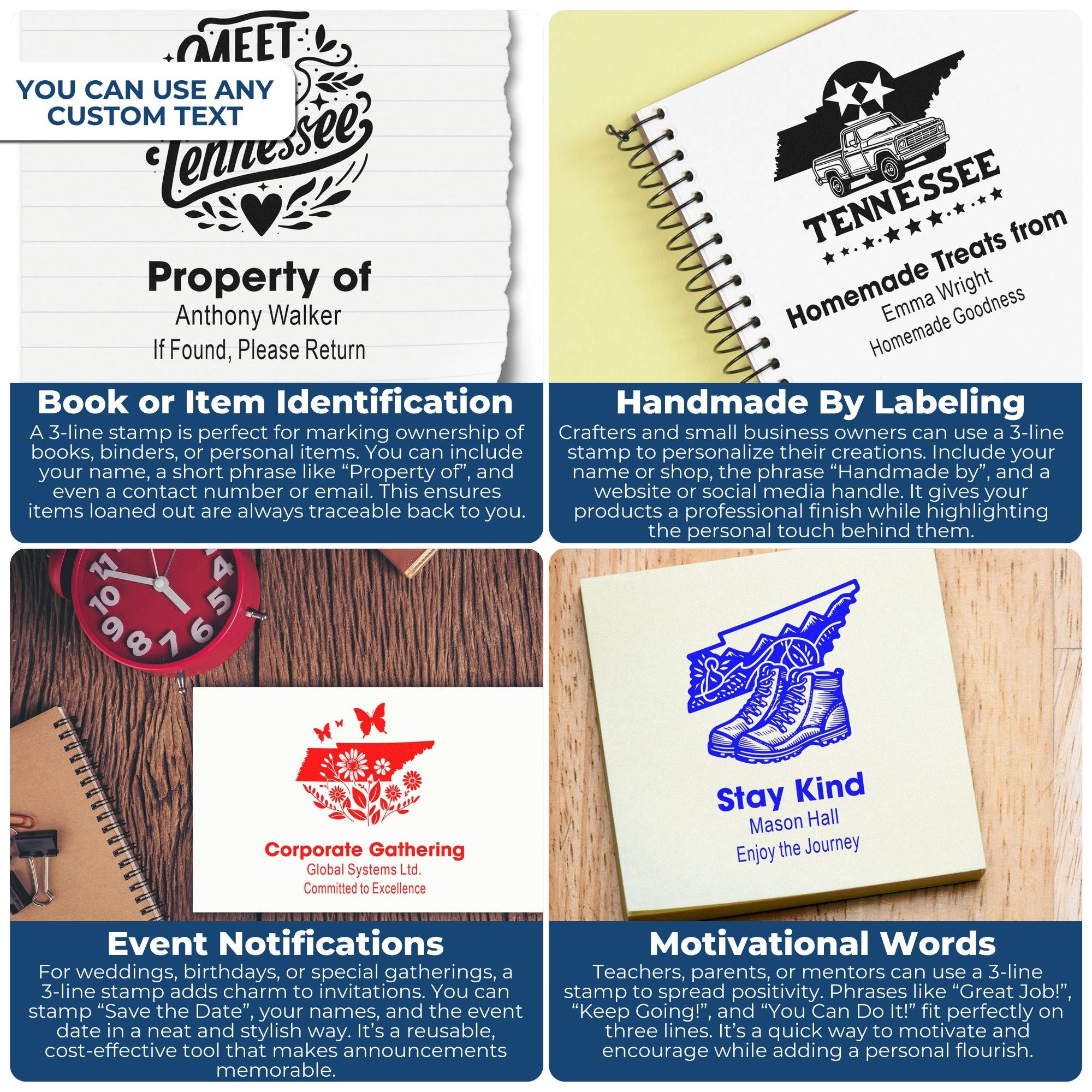 Custom rubber stamp ideas for book labels, handmade goods, event invites, and motivational messages with personalized text.