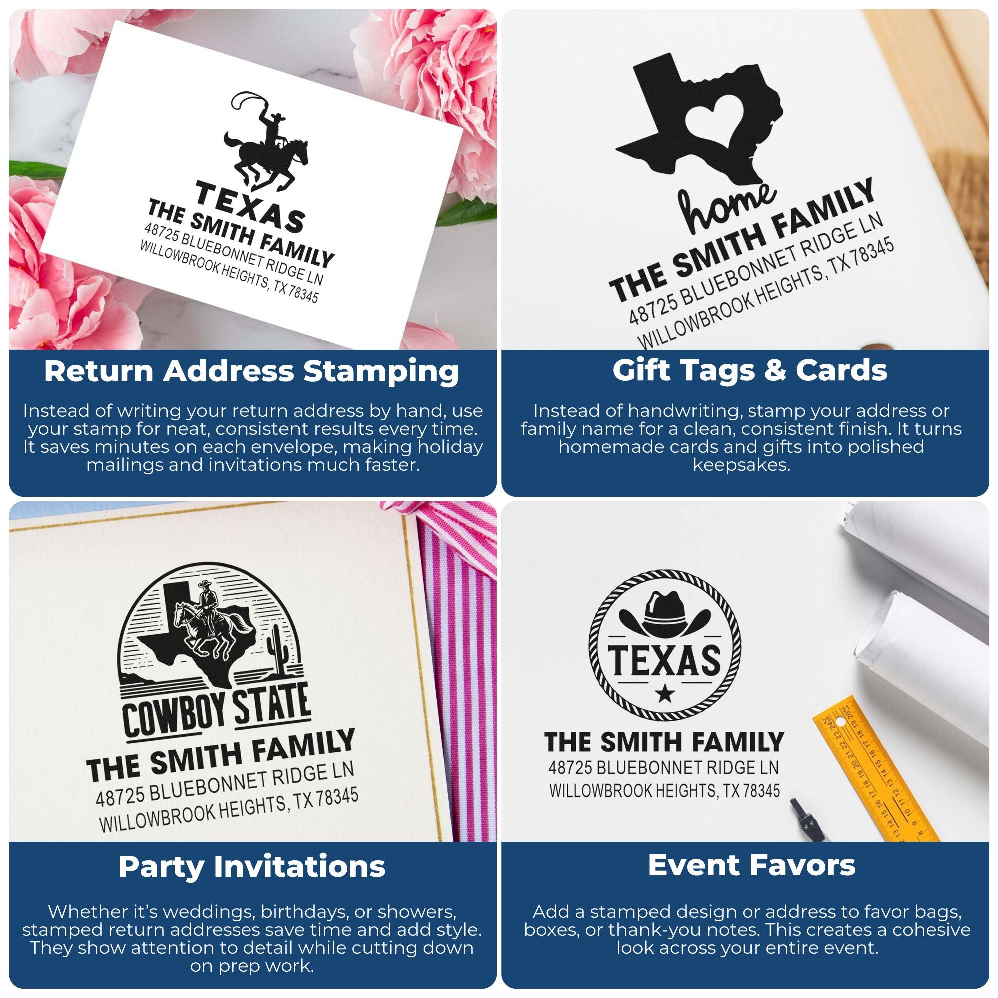 Custom rubber stamp collage showing Texas return address stamps for envelopes, gift tags, party invitations, and event favors.