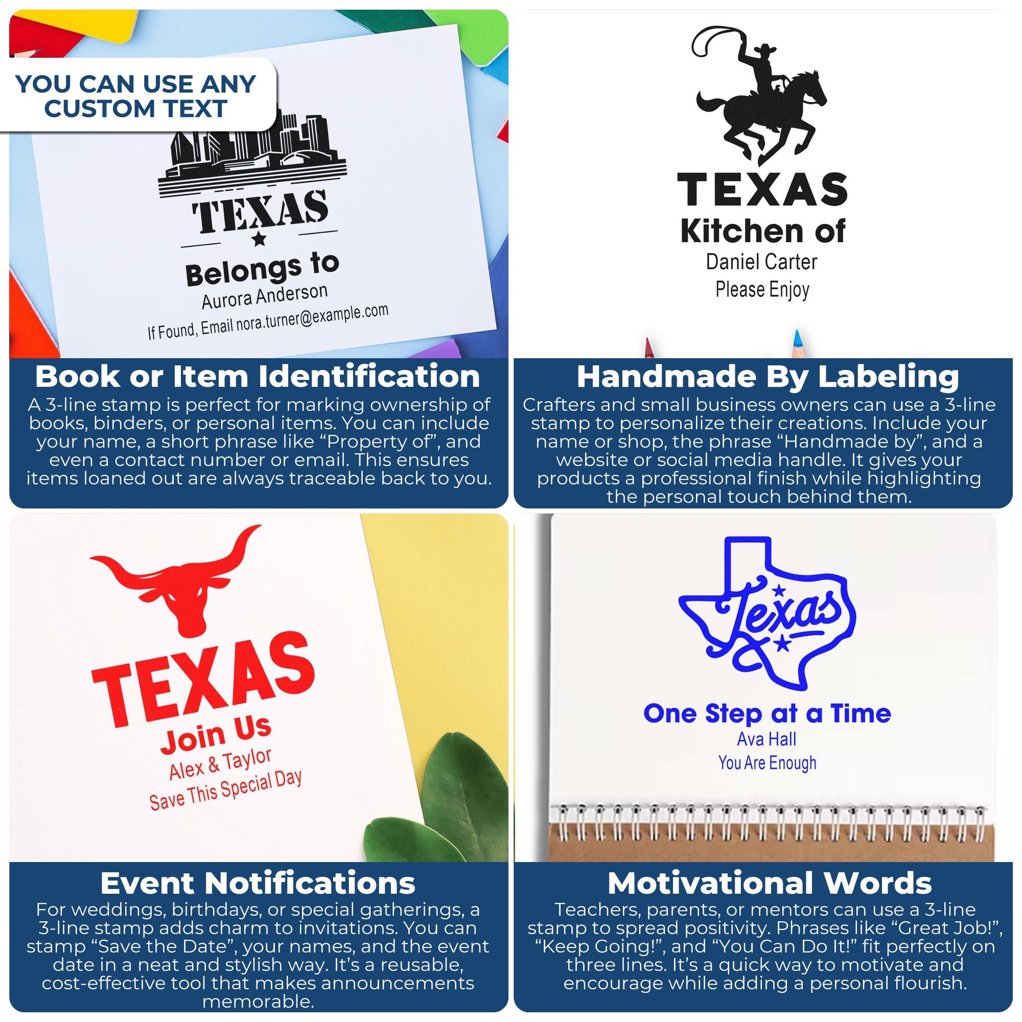Custom 3-line rubber stamp examples for book labels, handmade products, event invites, and motivational messages with Texas designs.