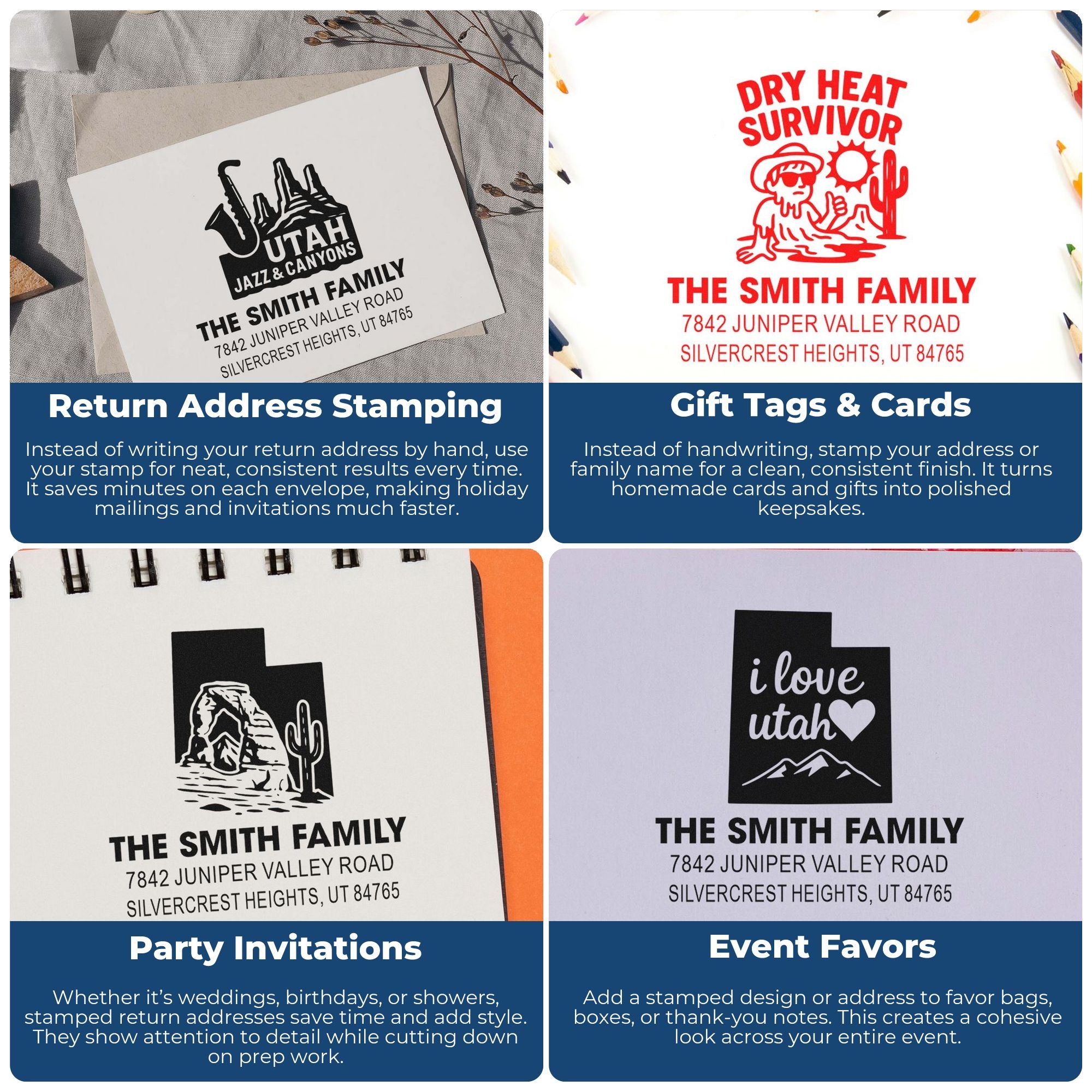 Custom rubber stamp examples for return addresses, gift tags, invitations, and event favors with Utah-themed family designs.