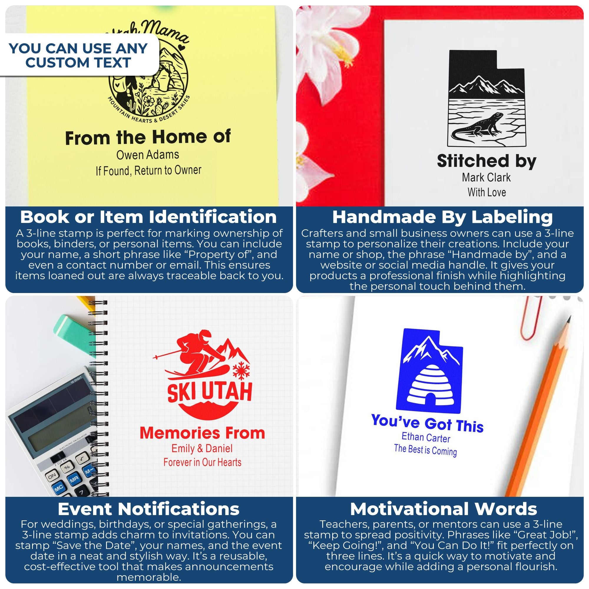 Custom rubber stamp examples for book labels, handmade products, events, and motivational messages with personalized text and logos.